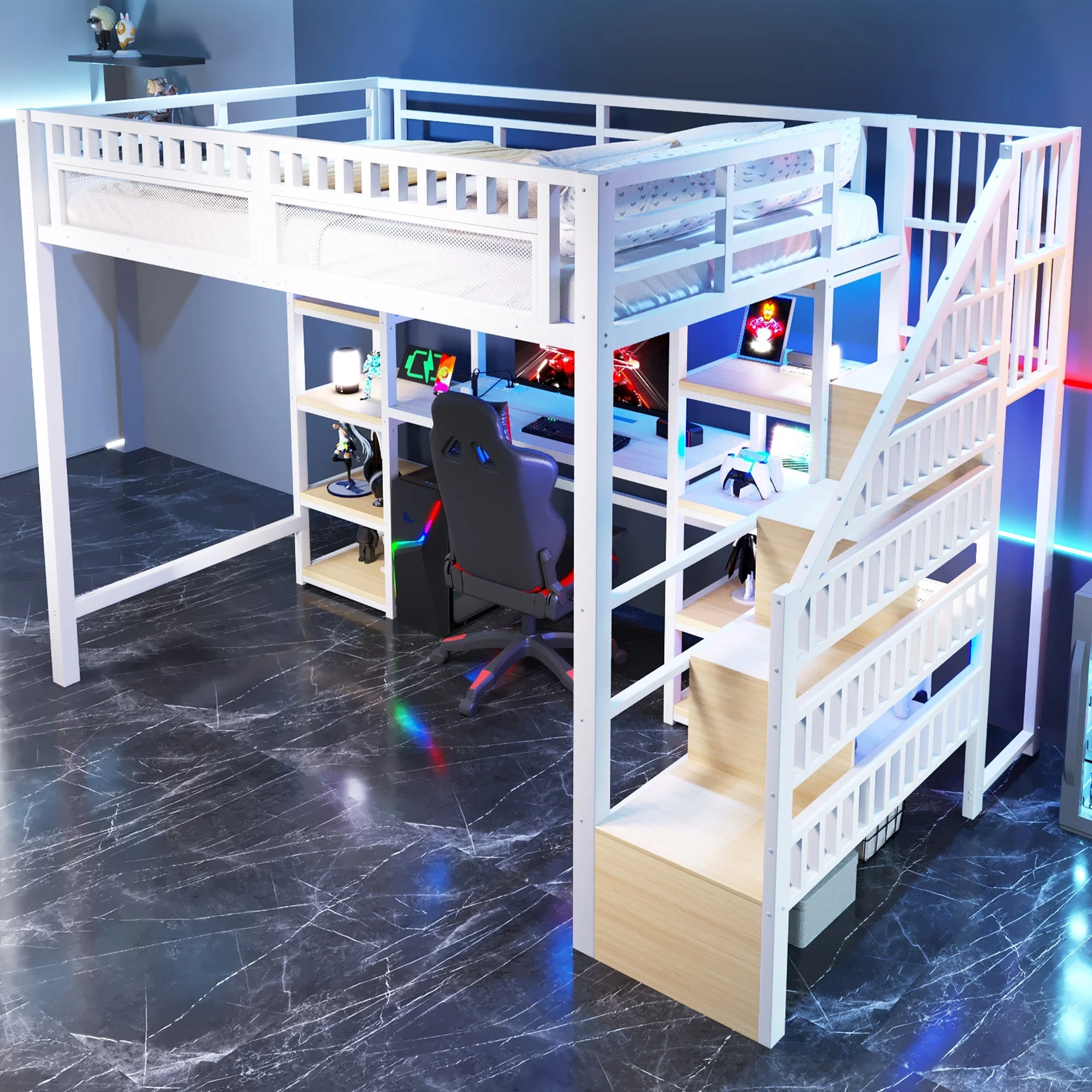 Loft Bed with Desk, Storage Ladder, LED Lights and USB Port, White Metal and MDF - Image 4