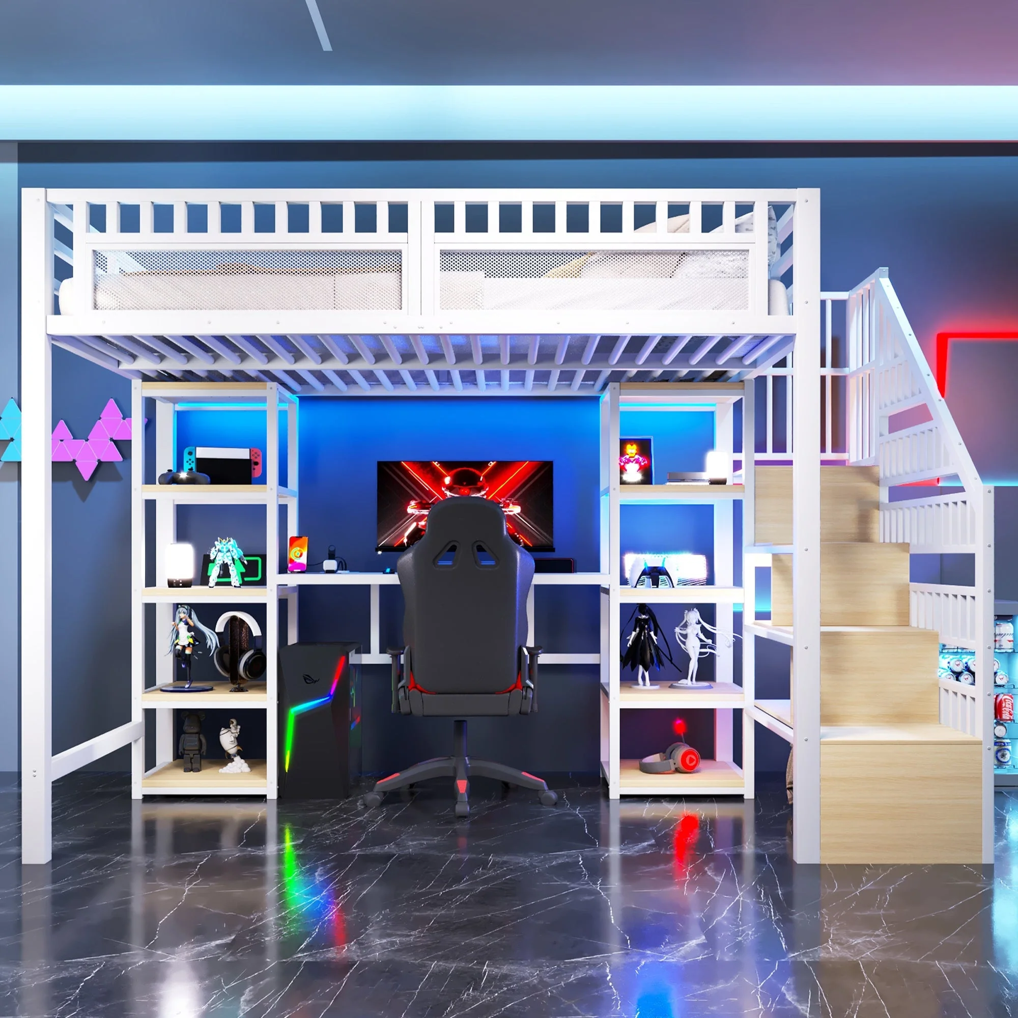 Loft Bed with Desk, Storage Ladder, LED Lights and USB Port, White Metal and MDF - Image 5