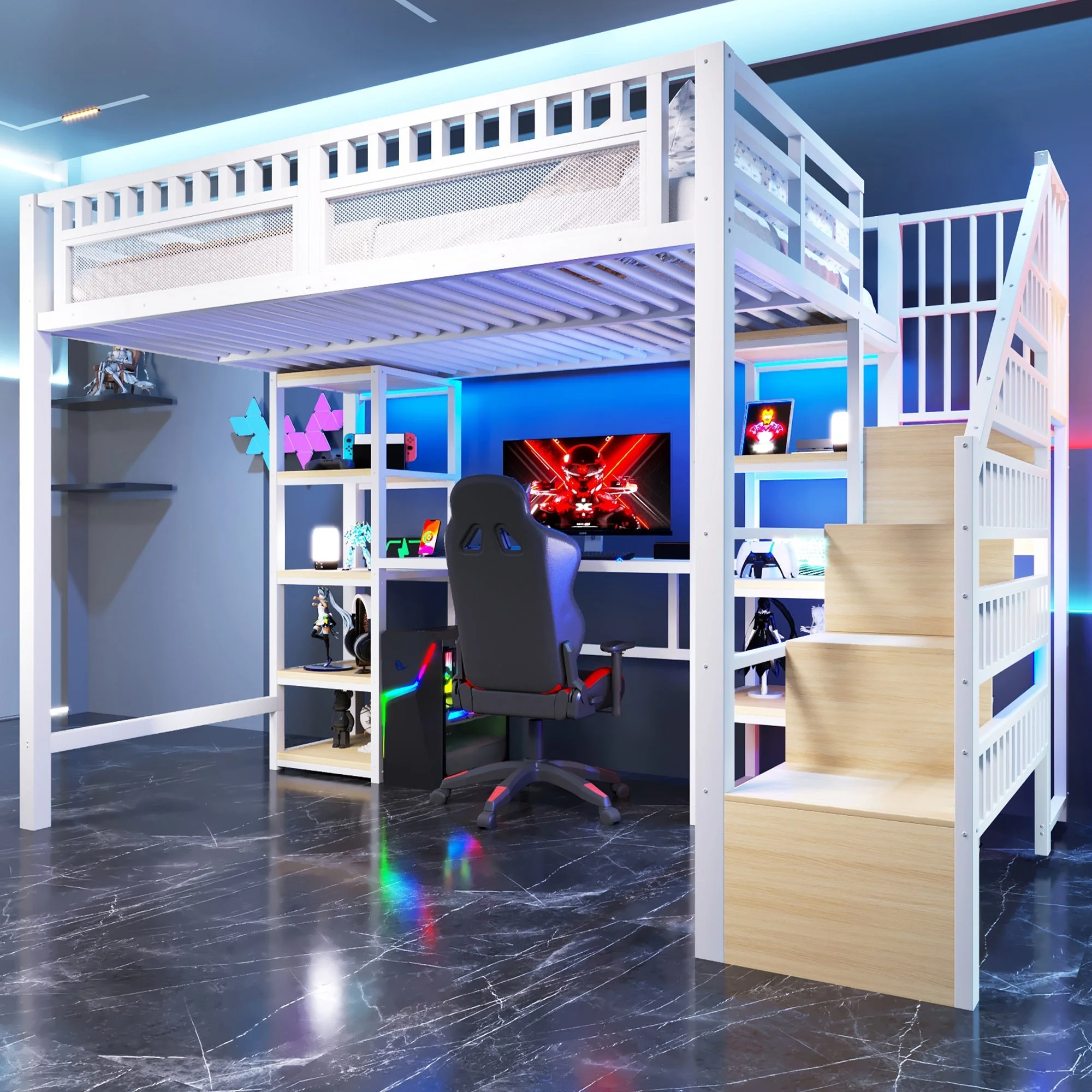 Loft Bed with Desk, Storage Ladder, LED Lights and USB Port, White Metal and MDF - Image 6