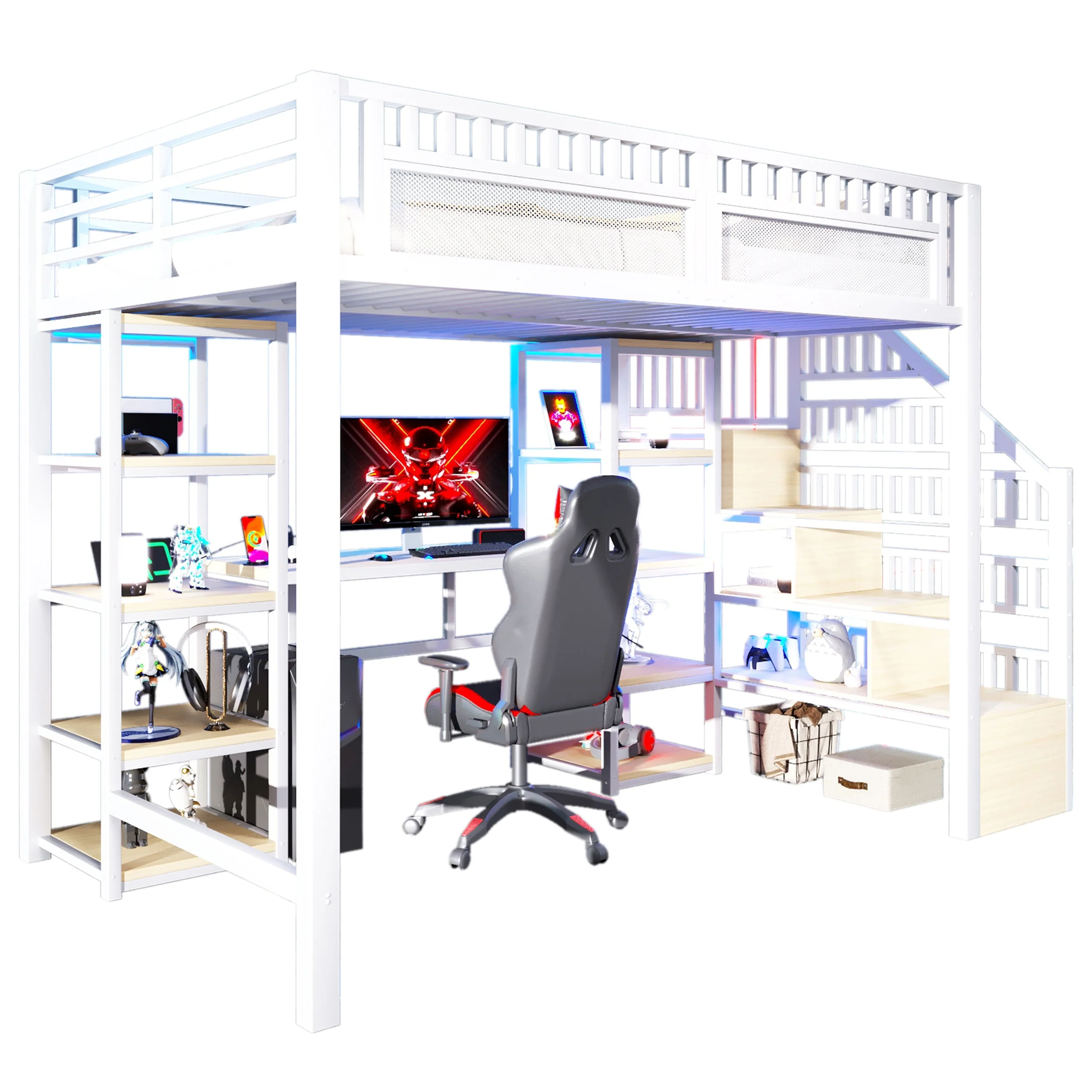 Loft Bed with Desk, Storage Ladder, LED Lights and USB Port, White Metal and MDF - Image 7