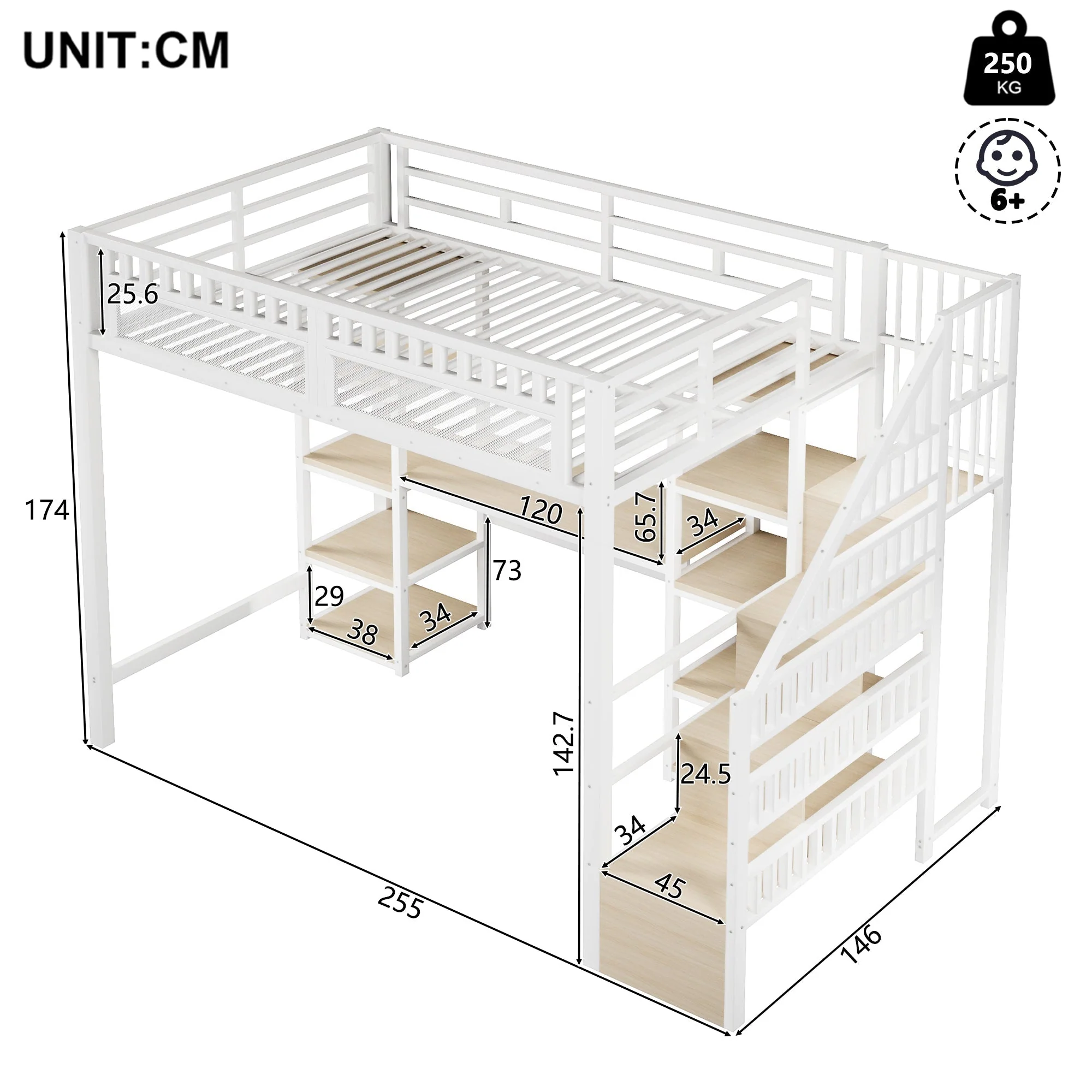 Loft Bed with Desk, Storage Ladder, LED Lights and USB Port, White Metal and MDF - Image 8