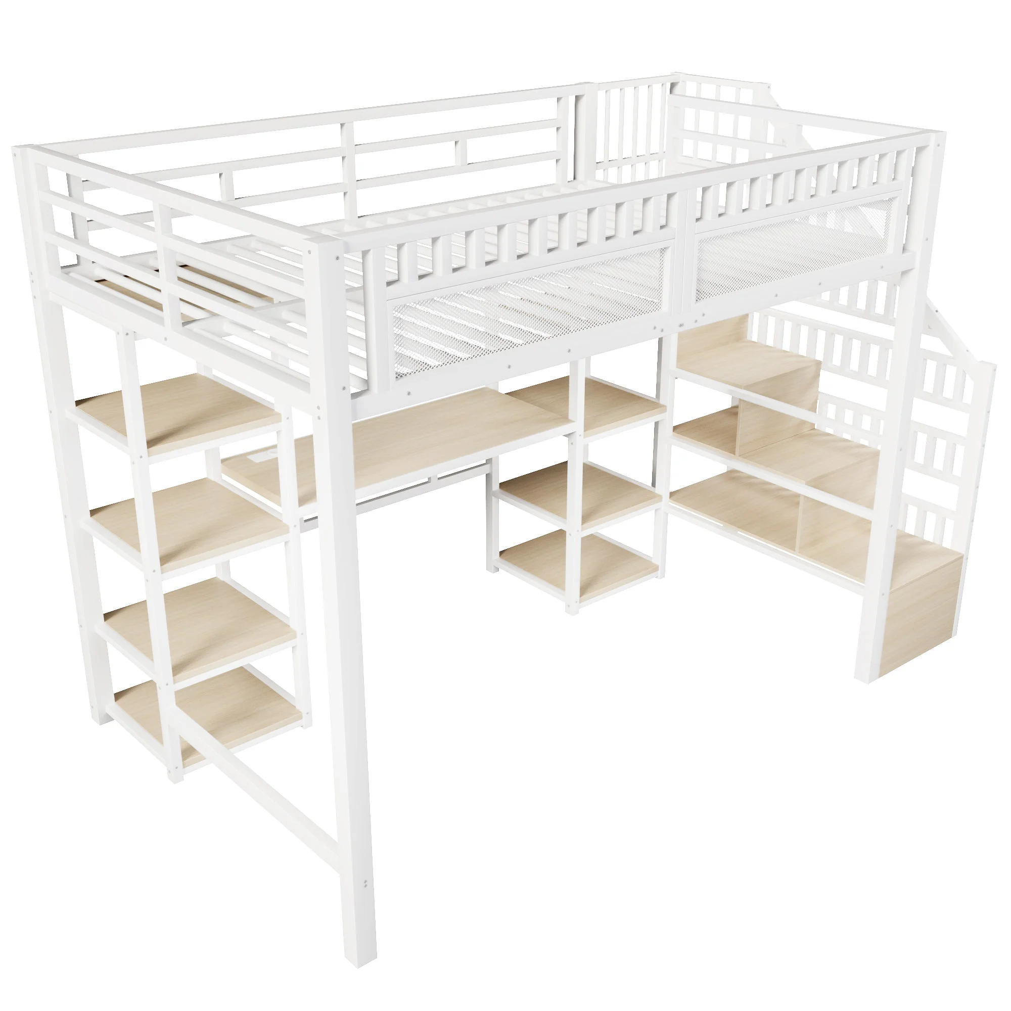 Loft Bed with Desk, Storage Ladder, LED Lights and USB Port, White Metal and MDF - Image 9