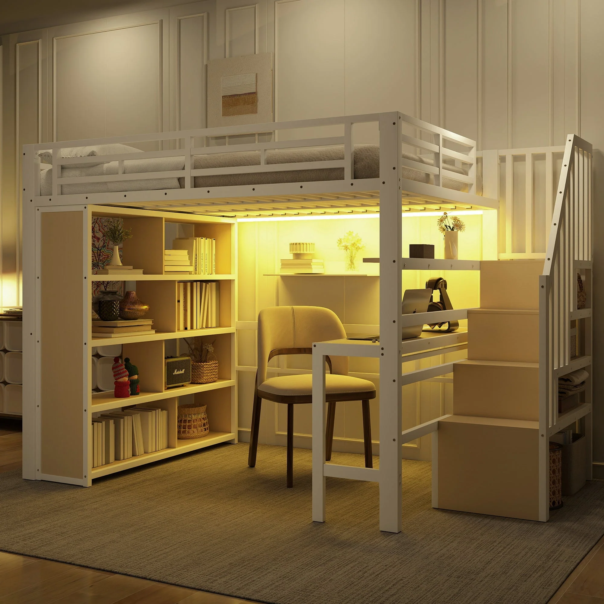 Loft Bed with Desk, Storage Staircase and LED Light Strip, 140x200cm, White Iron Frame