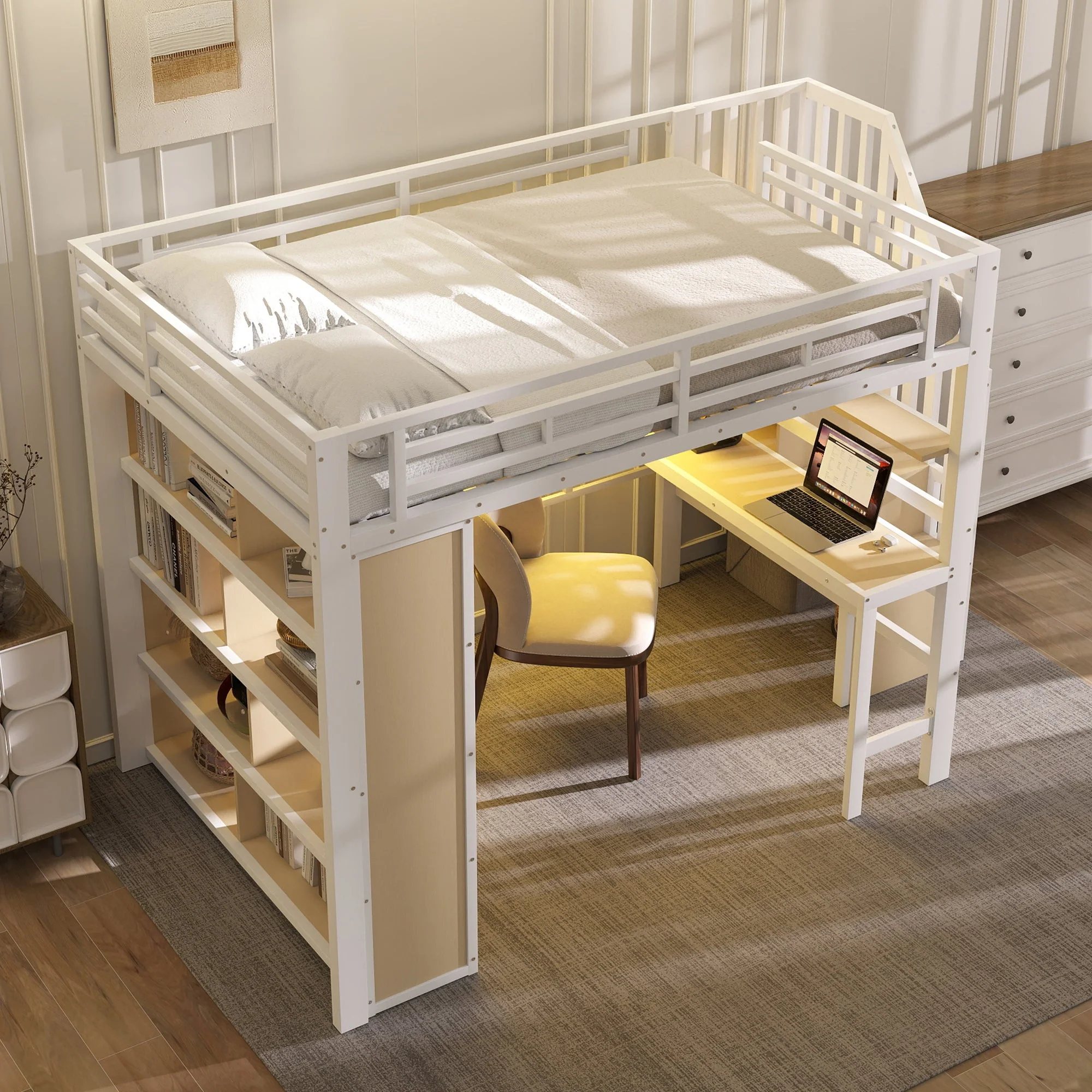 Loft Bed with Desk, Storage Staircase and LED Light Strip, 140x200cm, White Iron Frame - Image 6