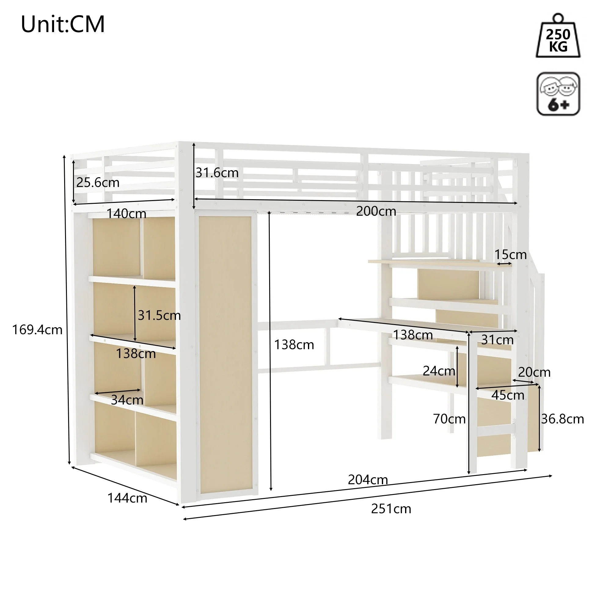 Loft Bed with Desk, Storage Staircase and LED Light Strip, 140x200cm, White Iron Frame - Image 9