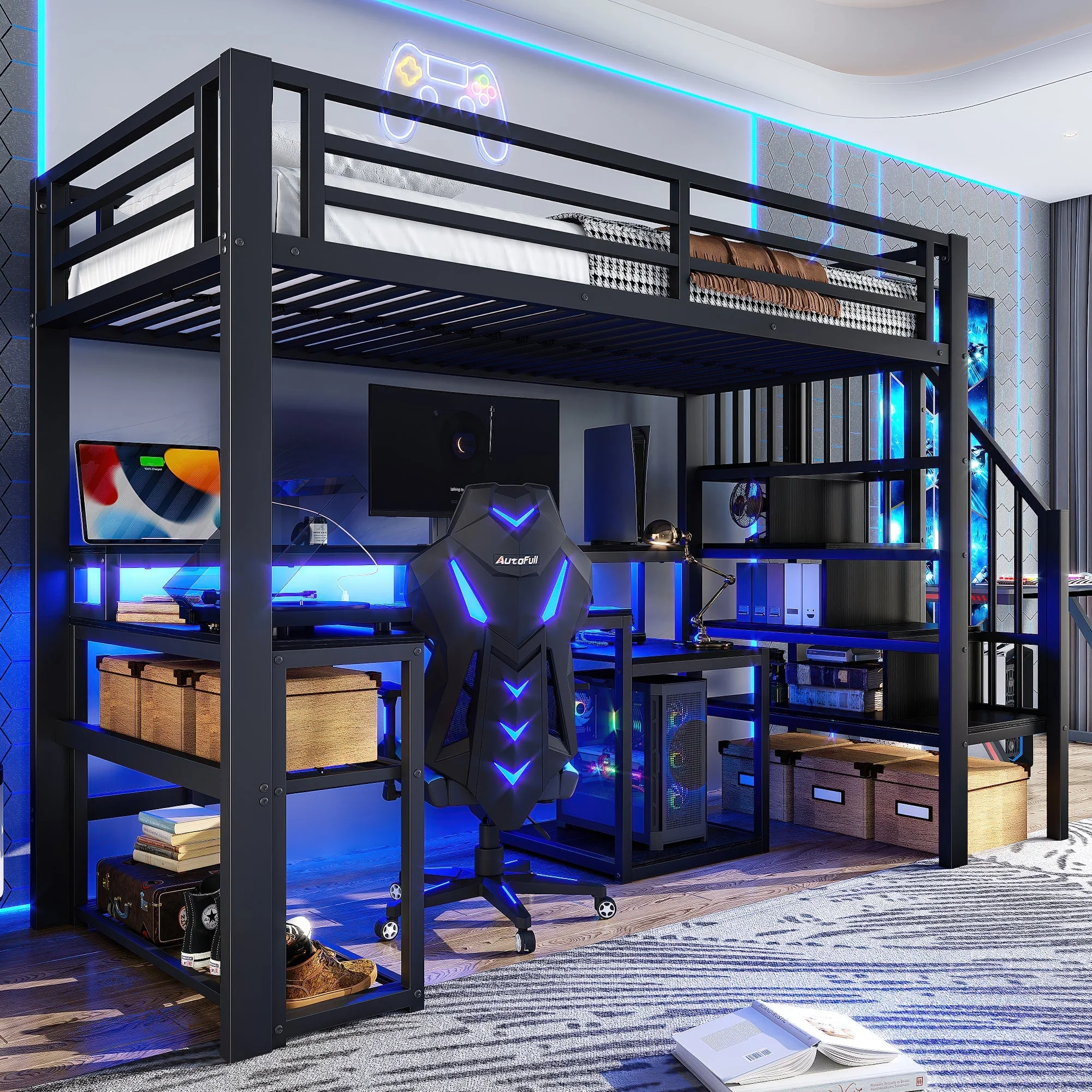 Loft Bed with Desk, Storage Staircase and LED Lights, Black Iron Frame