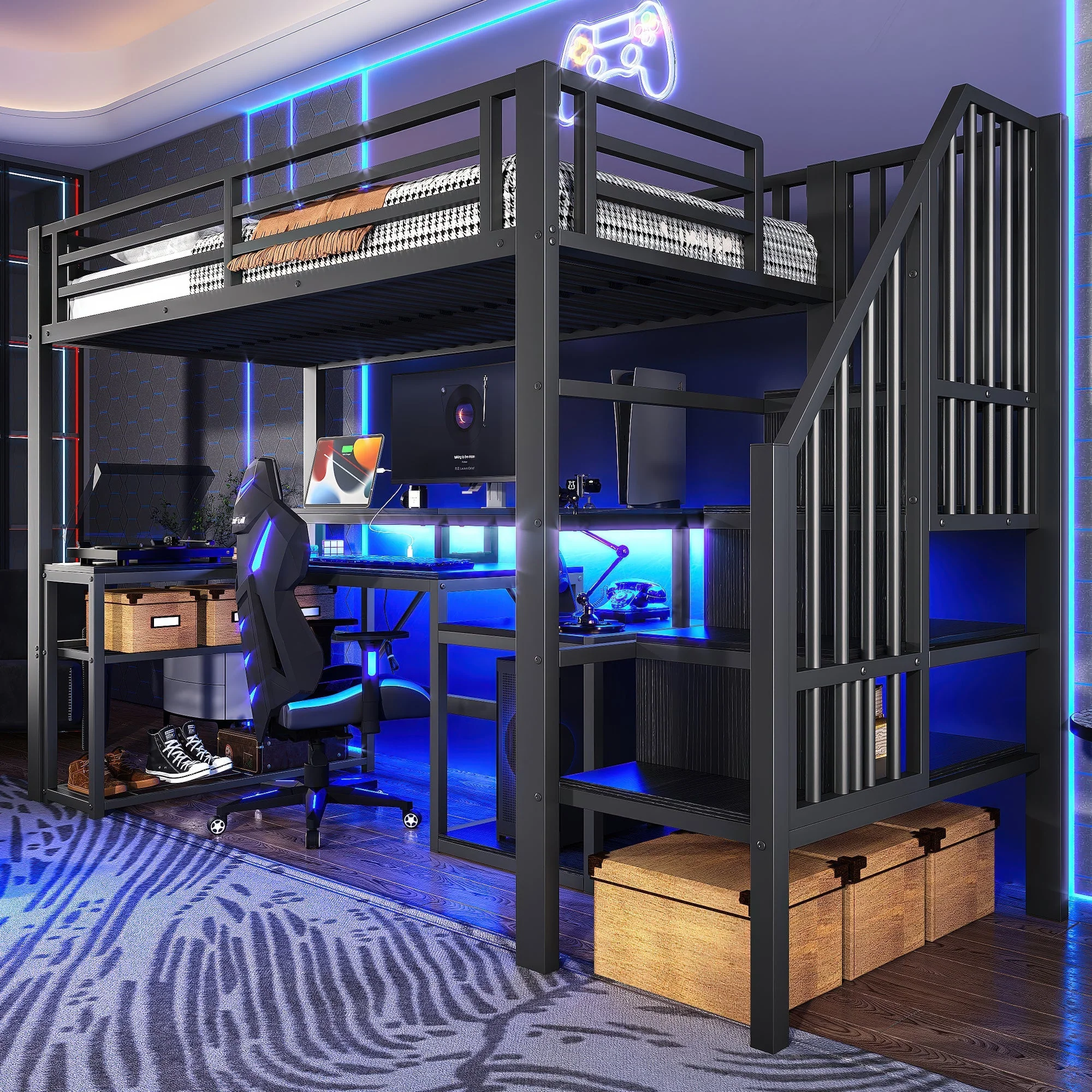Loft Bed with Desk, Storage Staircase and LED Lights, Black Iron Frame - Image 6