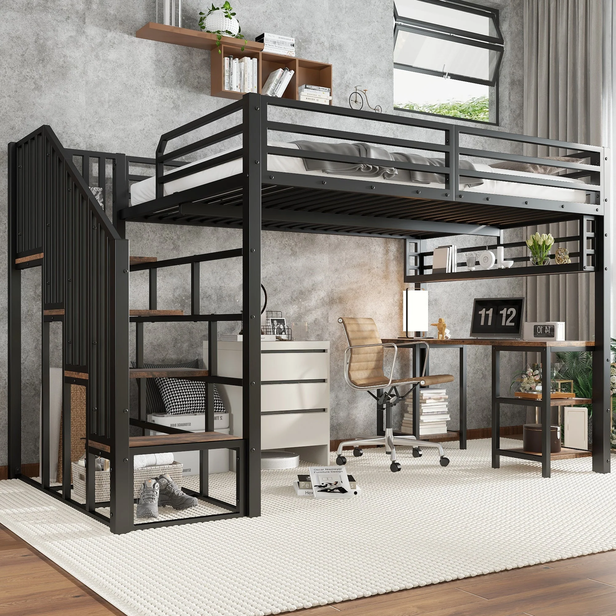 Loft Bed with Desk, Storage Stairs, Handrails, 120x200cm, Iron + Chipboard Black - Image 4