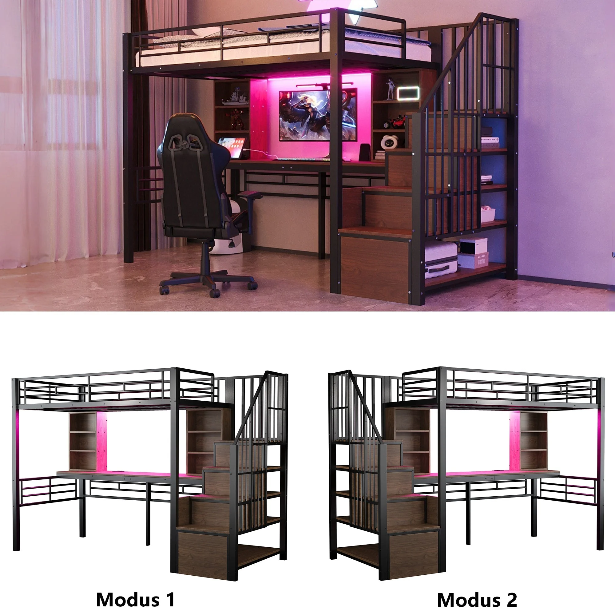 Loft Bed with Desk, Storage Stairs, LED and Socket, 90x200cm, Black Iron - Image 4
