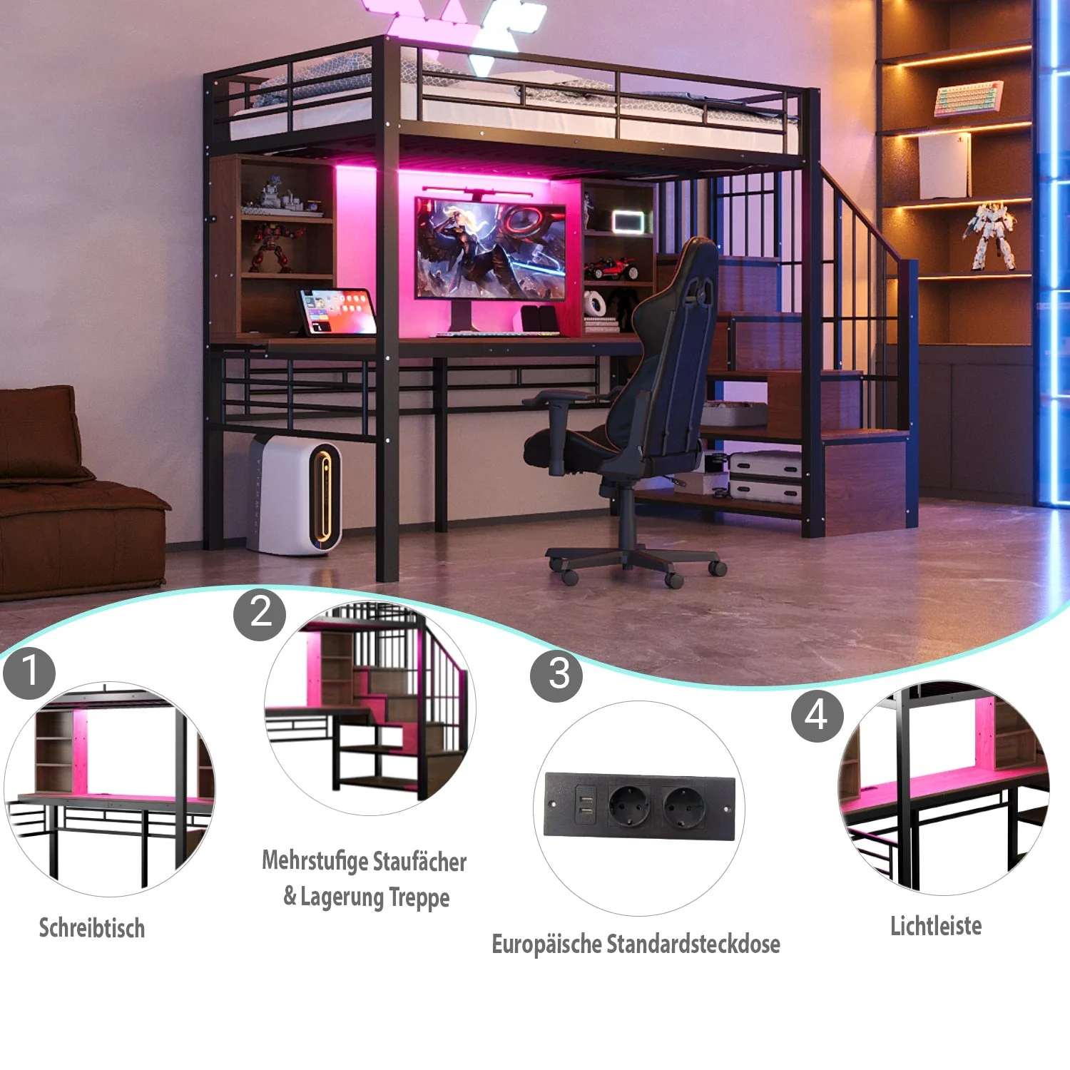 Loft Bed with Desk, Storage Stairs, LED and Socket, 90x200cm, Black Iron - Image 5