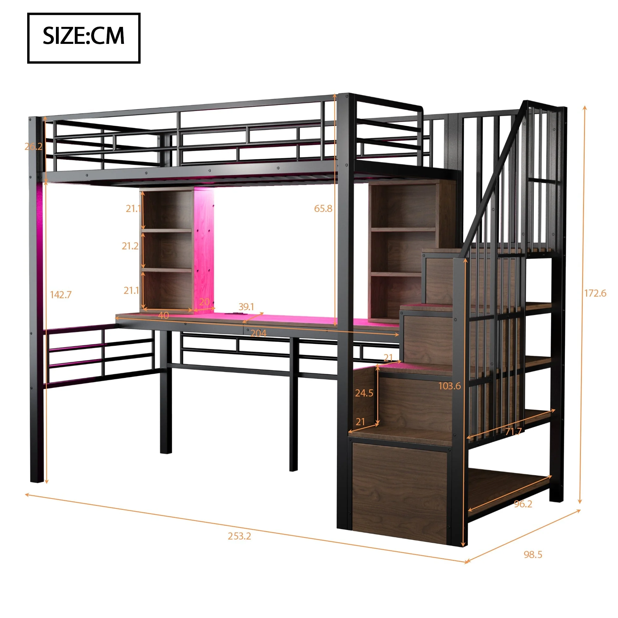 Loft Bed with Desk, Storage Stairs, LED and Socket, 90x200cm, Black Iron - Image 8