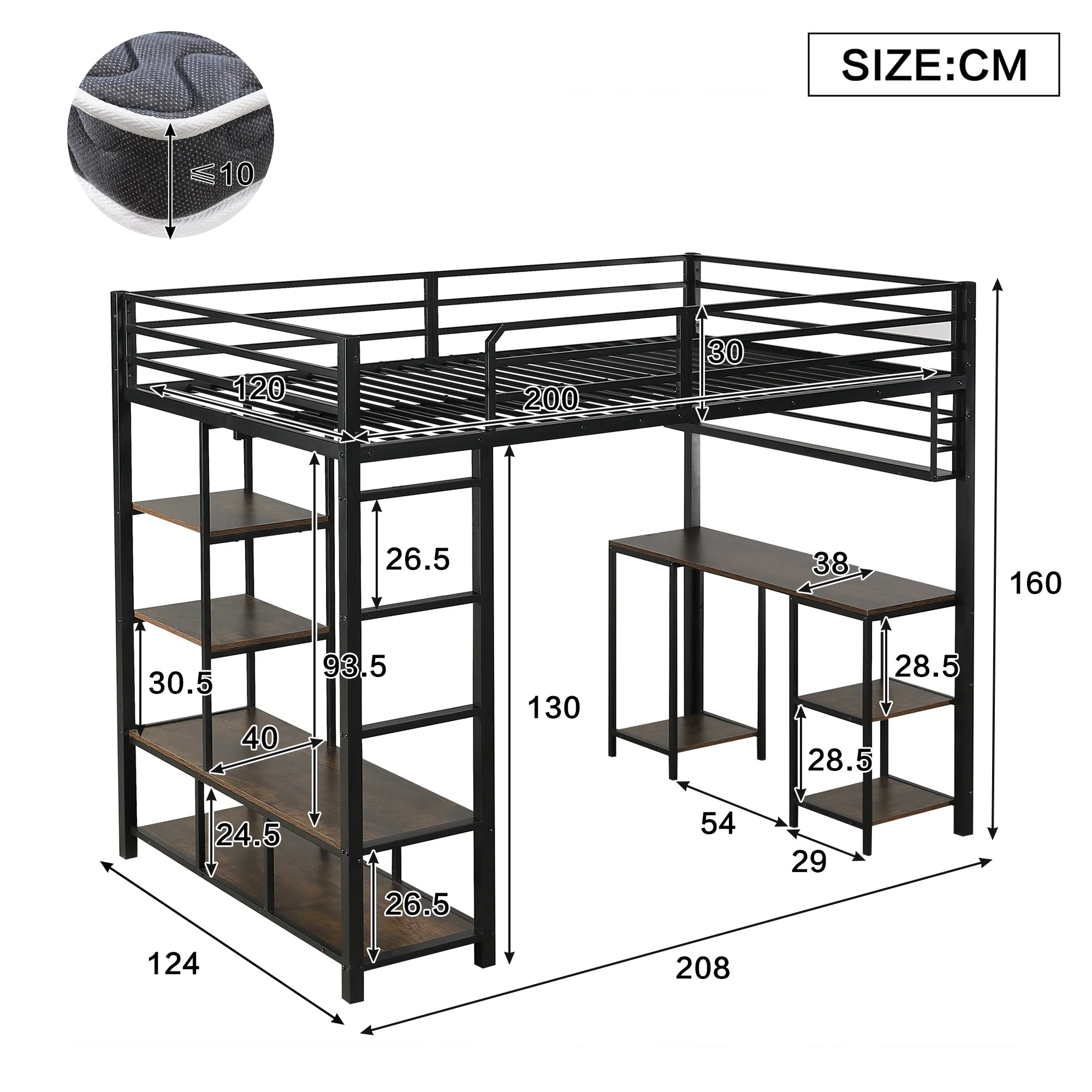 Loft Bed with Desk, Storage, Sturdy Slats, 4-Step Ladder, 120x200cm, Iron + Chipboard Black/Dark - Image 7