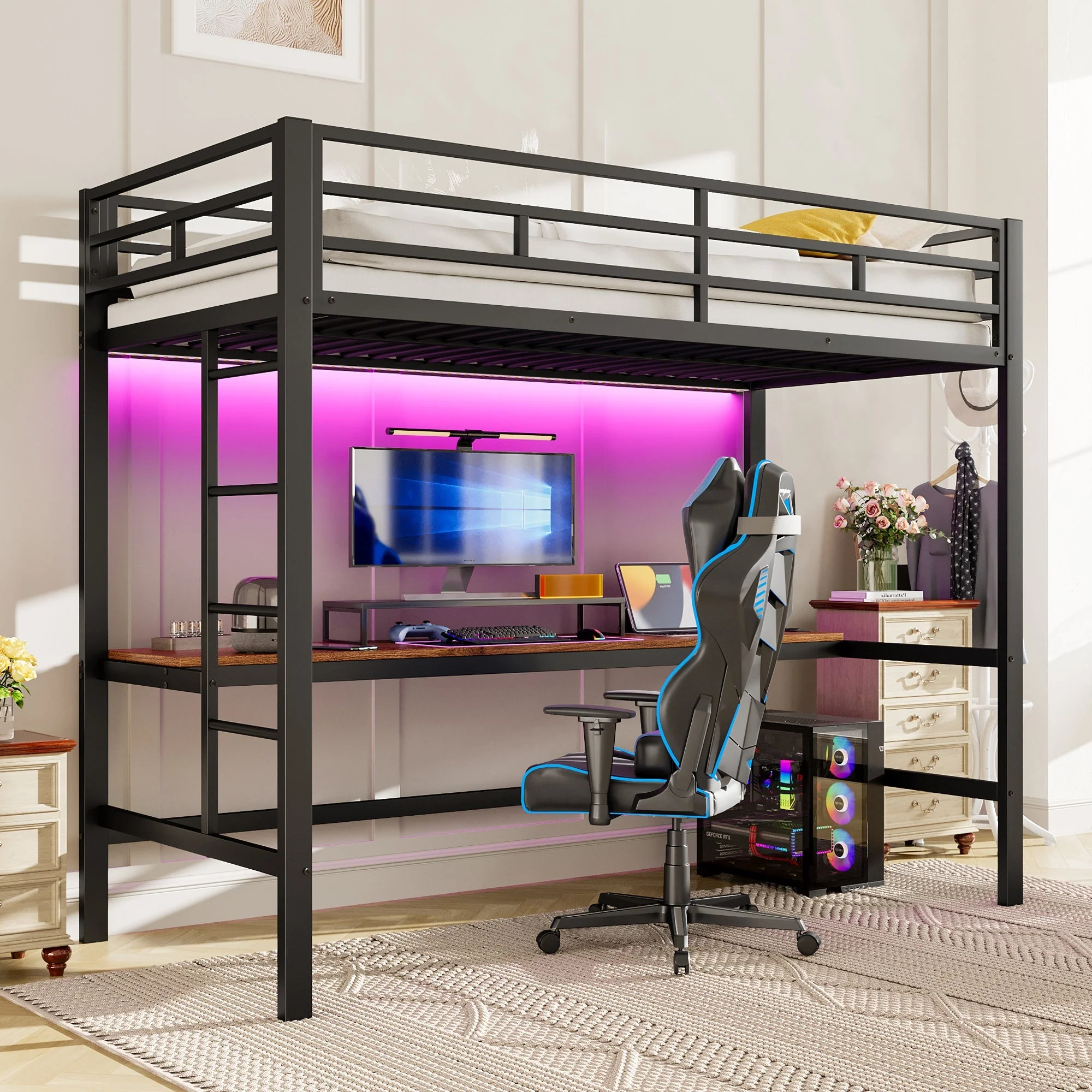 Loft Bed with Desk, USB, Power Outlets and App-Controlled LED Lights, 90x200cm, Black Metal - Image 4