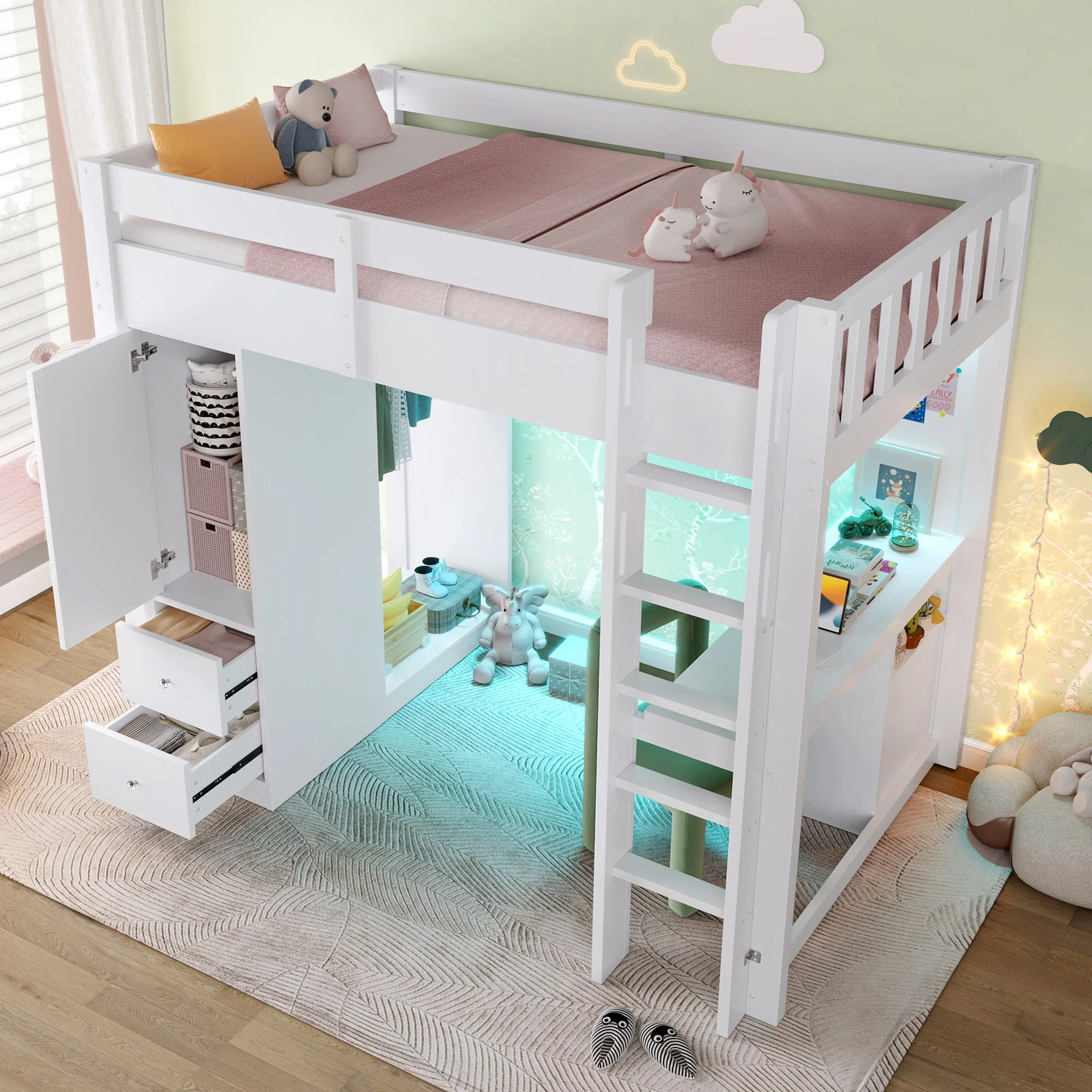 Loft Bed with Desk, Wardrobe, 4 Drawers, LED and USB, 90x200cm, White - Image 3