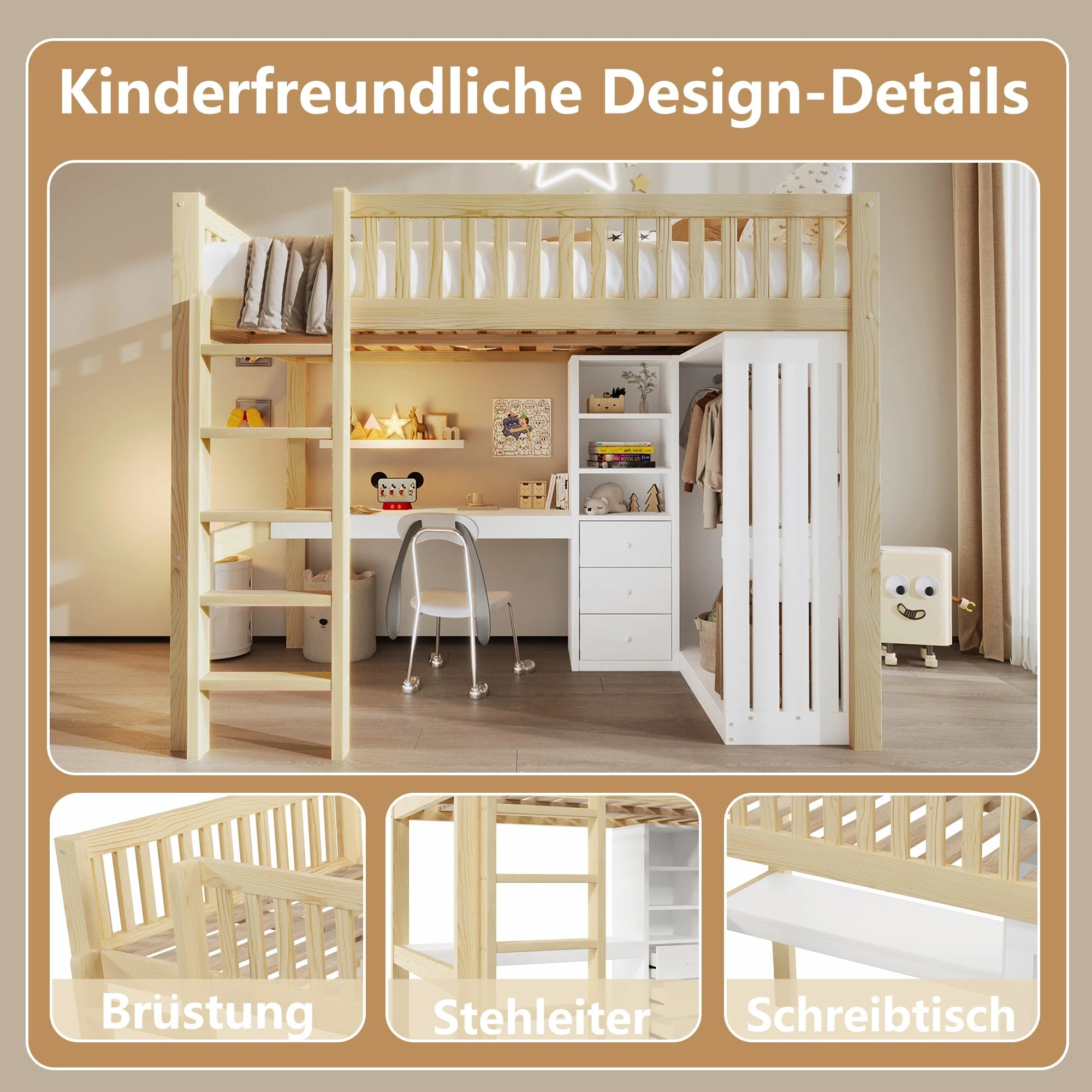 Loft Bed with Desk, Wardrobe and 3 Drawers, Natural - Image 16
