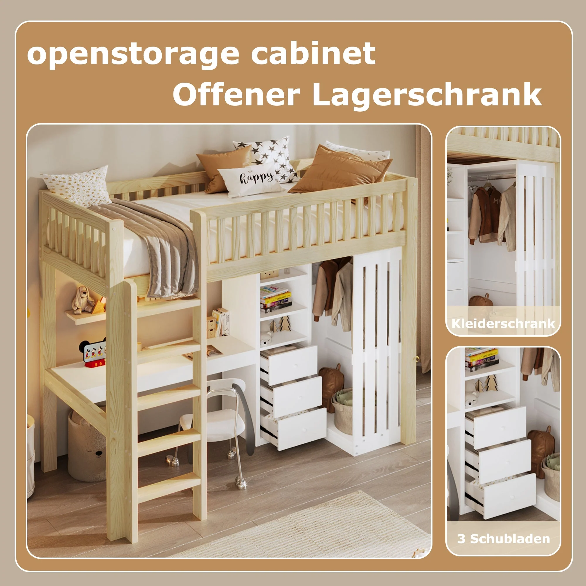 Loft Bed with Desk, Wardrobe and 3 Drawers, Natural - Image 5