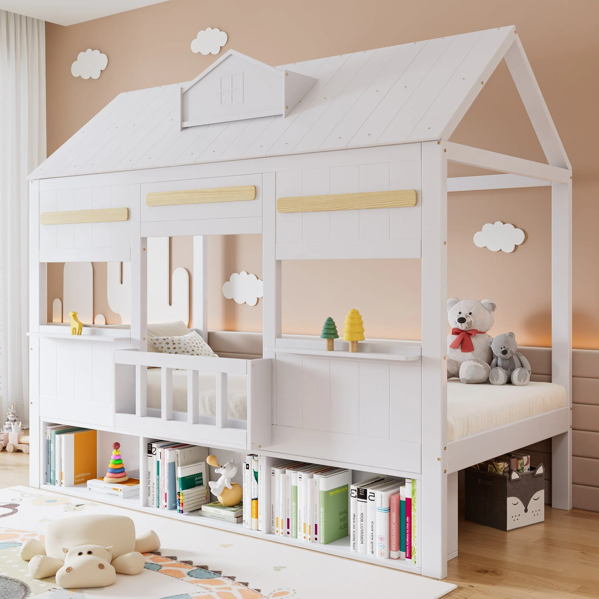 Loft Bed with House-Shaped Design, Bookshelf and Slatted Base, 90x200cm, White Pine + MDF - Image 4