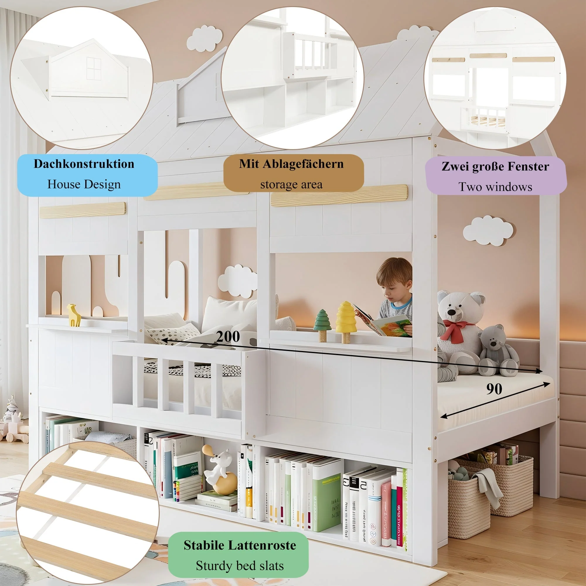 Loft Bed with House-Shaped Design, Bookshelf and Slatted Base, 90x200cm, White Pine + MDF - Image 9