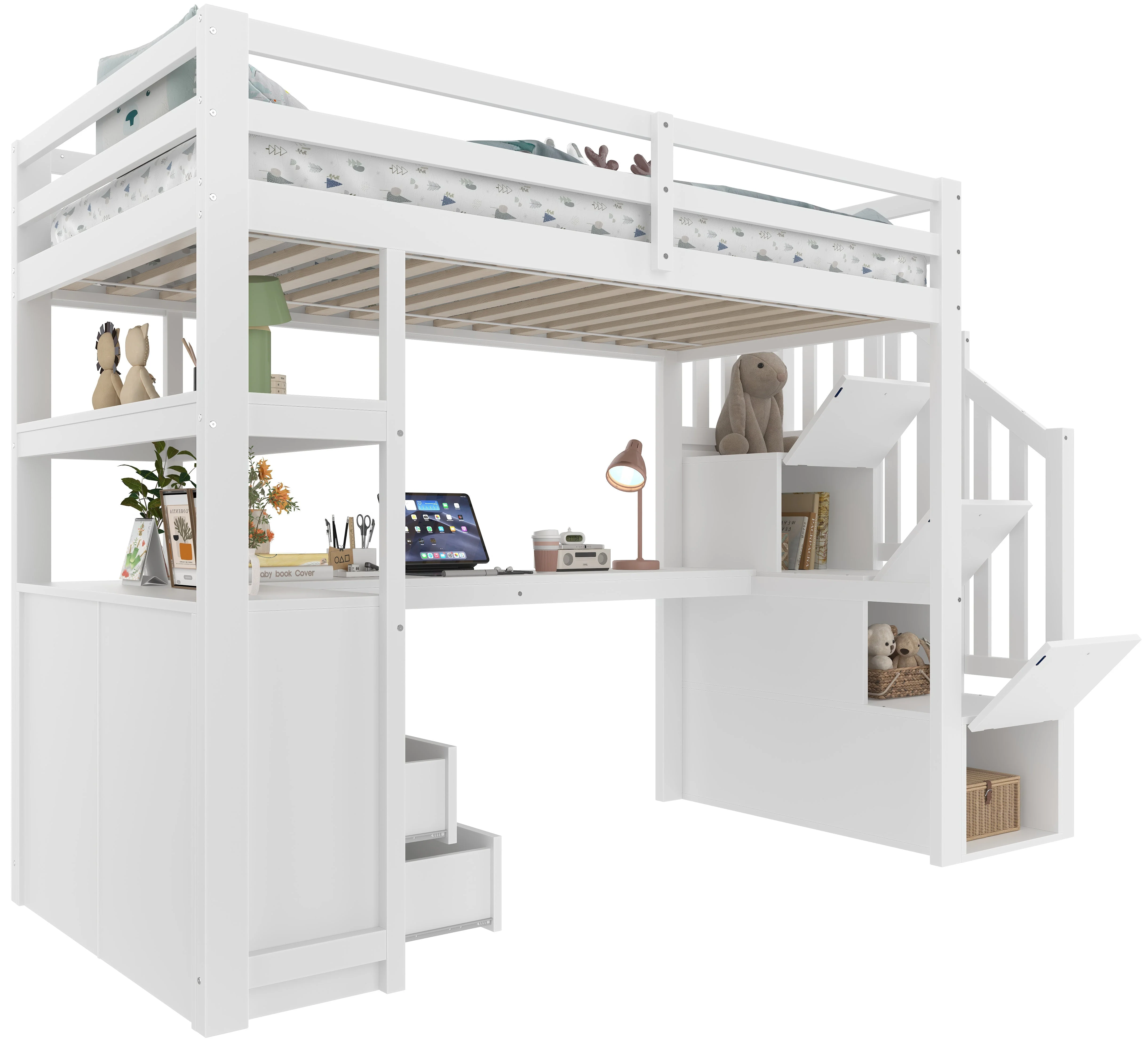 Loft Bed with Integrated Desk and Storage Ladder, 90x200cm, White - Image 6