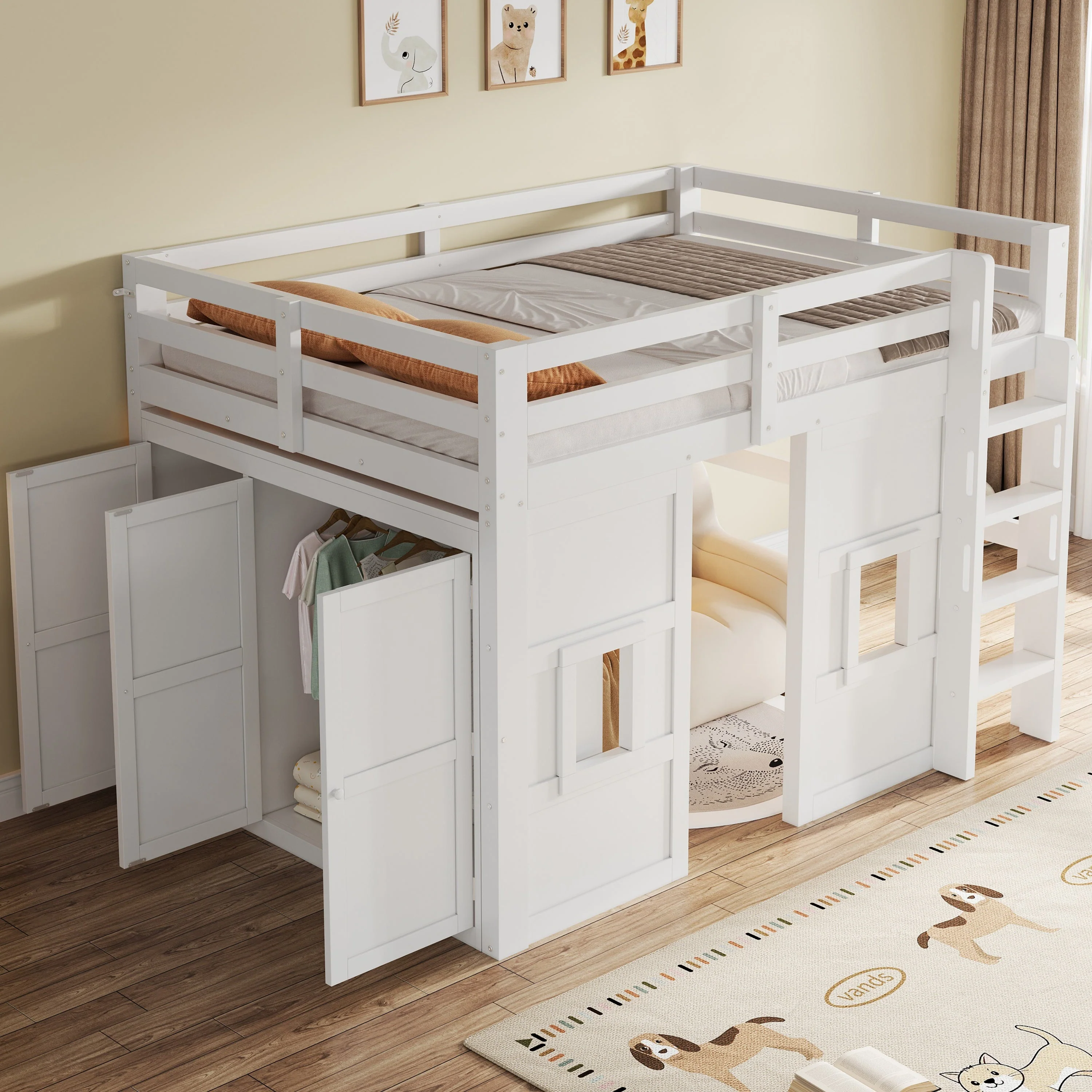 Loft Bed with Integrated Wardrobe, 2 Windows and LED Lighting, 140x200cm, White Wood - Image 3