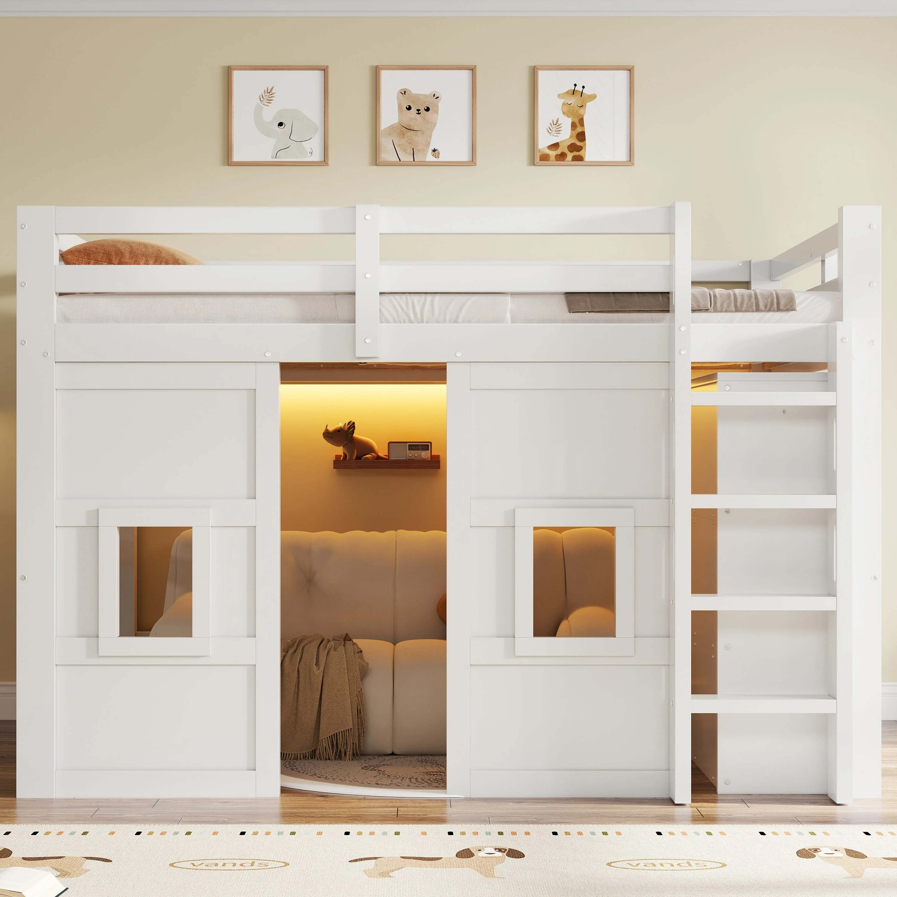 Loft Bed with Integrated Wardrobe, 2 Windows and LED Lighting, 140x200cm, White Wood - Image 4