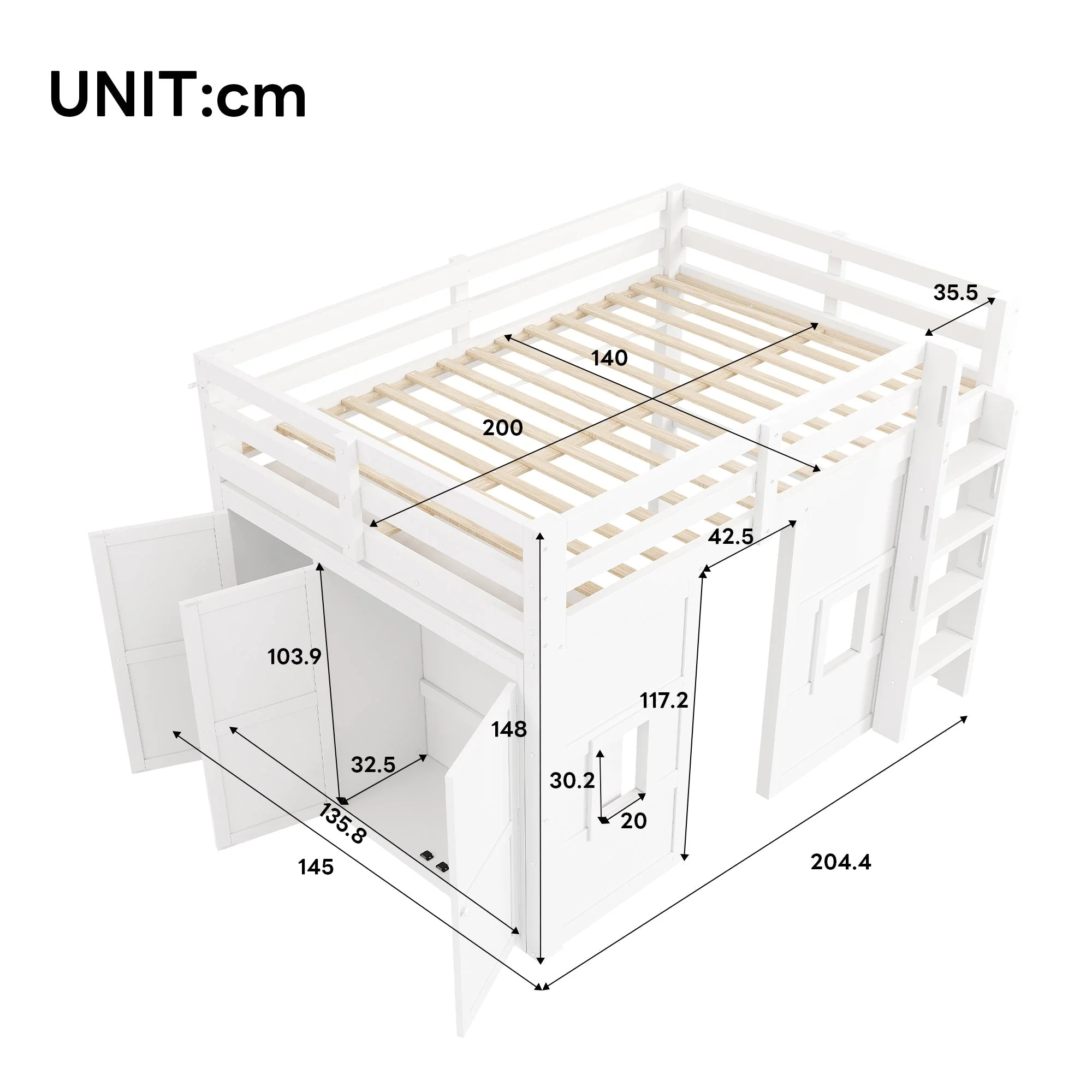 Loft Bed with Integrated Wardrobe, 2 Windows and LED Lighting, 140x200cm, White Wood - Image 5