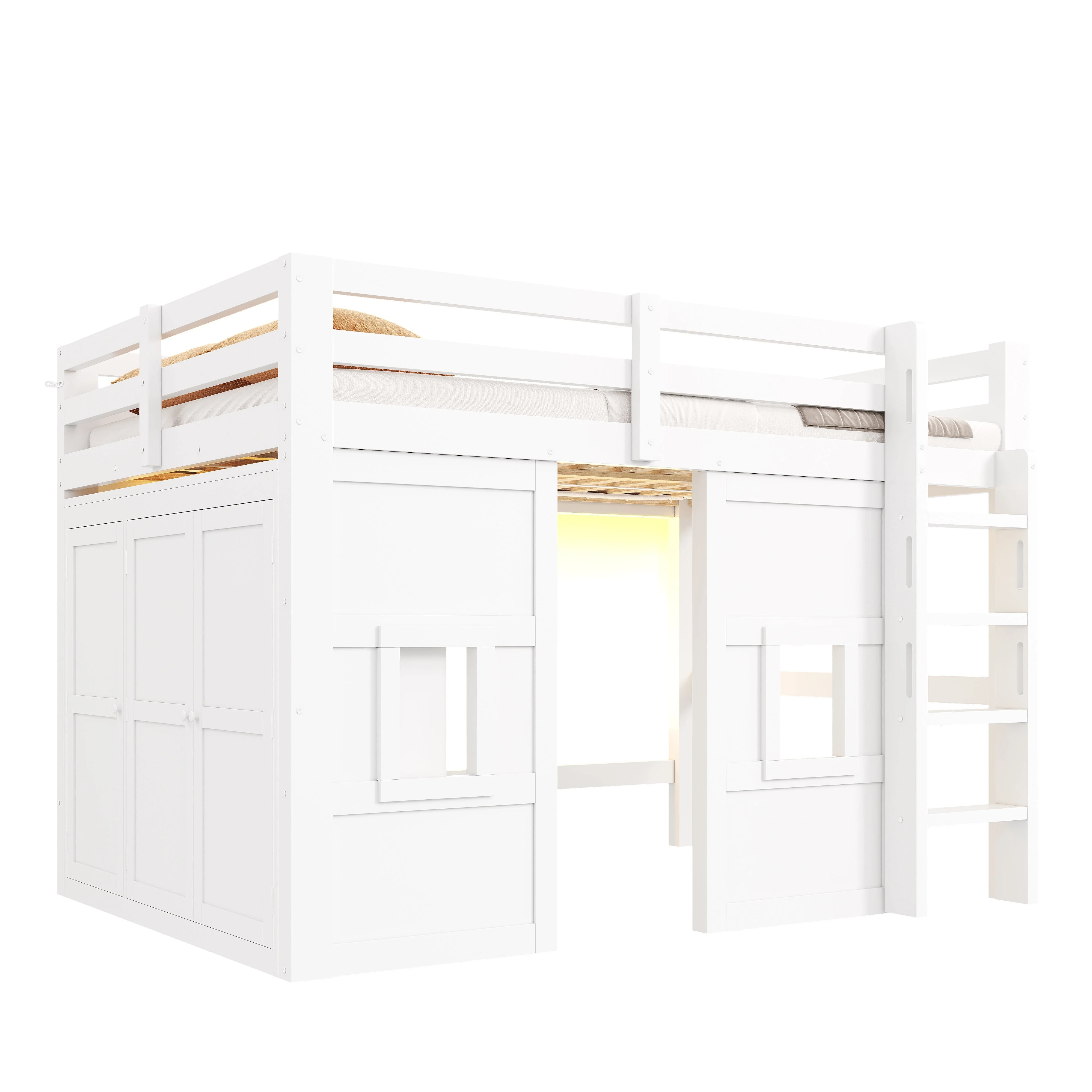Loft Bed with Integrated Wardrobe, 2 Windows and LED Lighting, 140x200cm, White Wood - Image 6