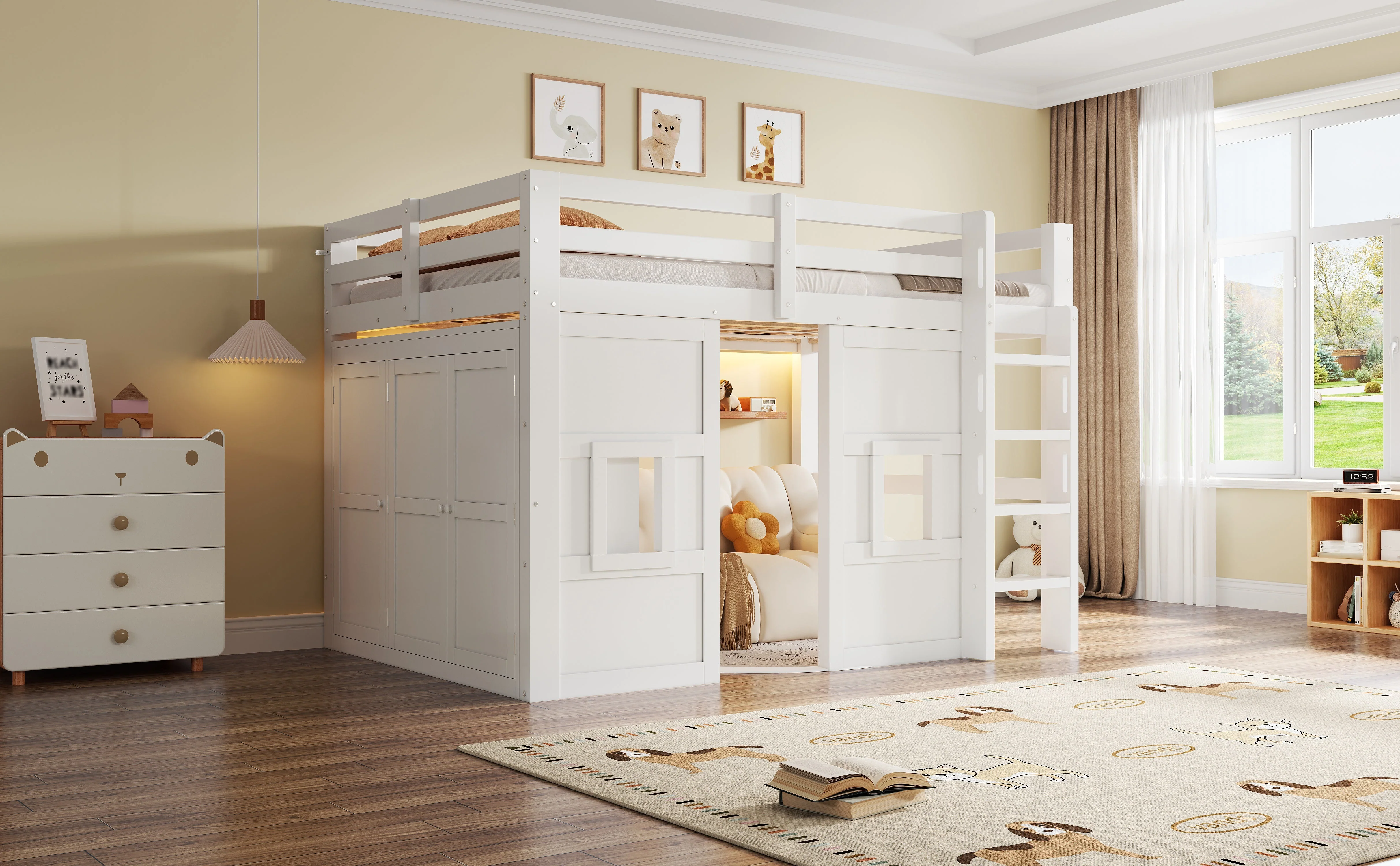 Loft Bed with Integrated Wardrobe, 2 Windows and LED Lighting, 140x200cm, White Wood - Image 7