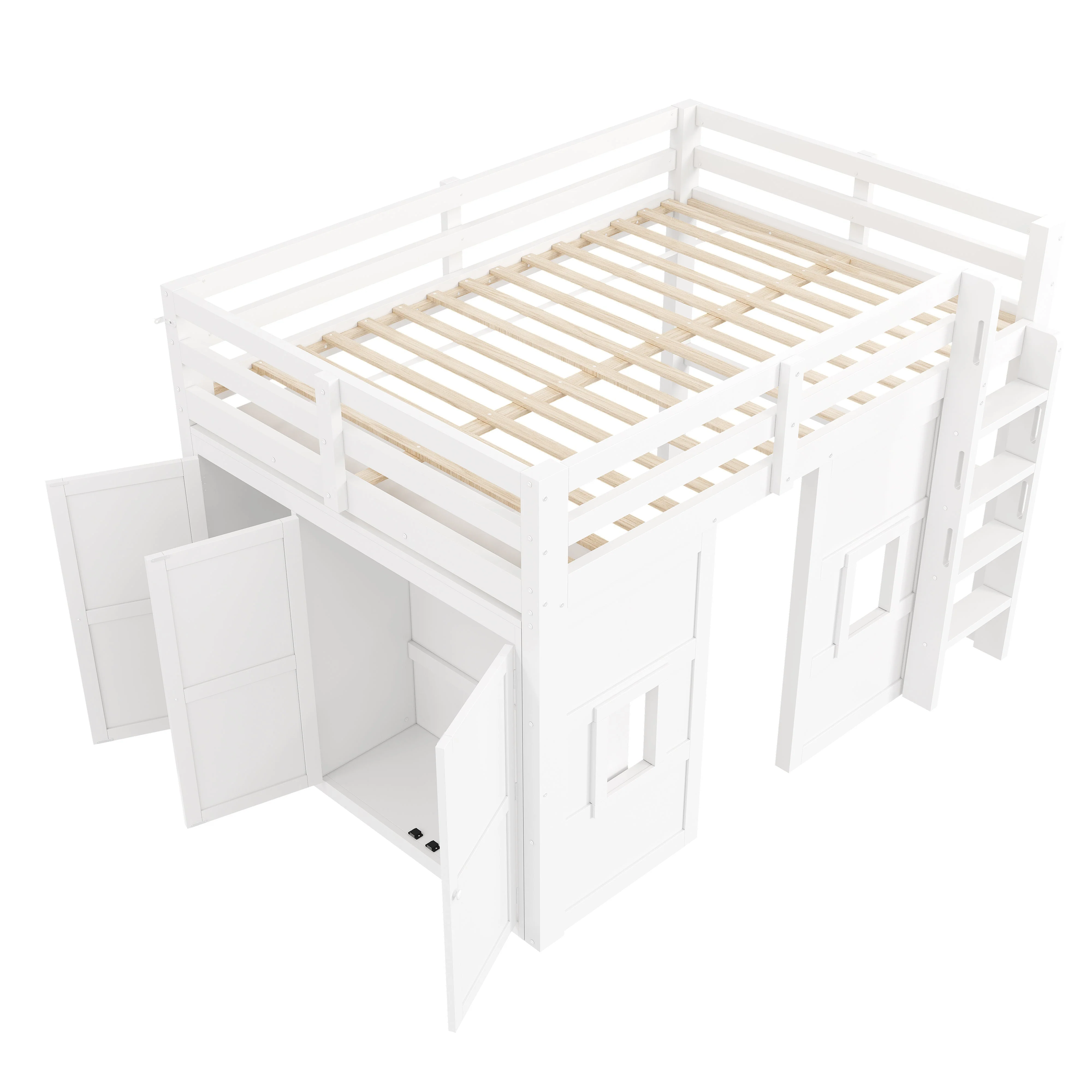 Loft Bed with Integrated Wardrobe, 2 Windows and LED Lighting, 140x200cm, White Wood - Image 9