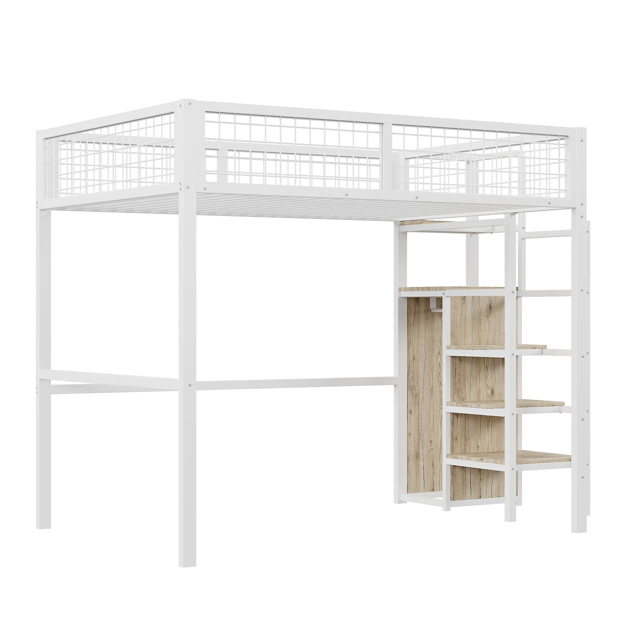 Loft Bed with Integrated Wardrobe and Safety Ladder, Black and White MDF and Metal