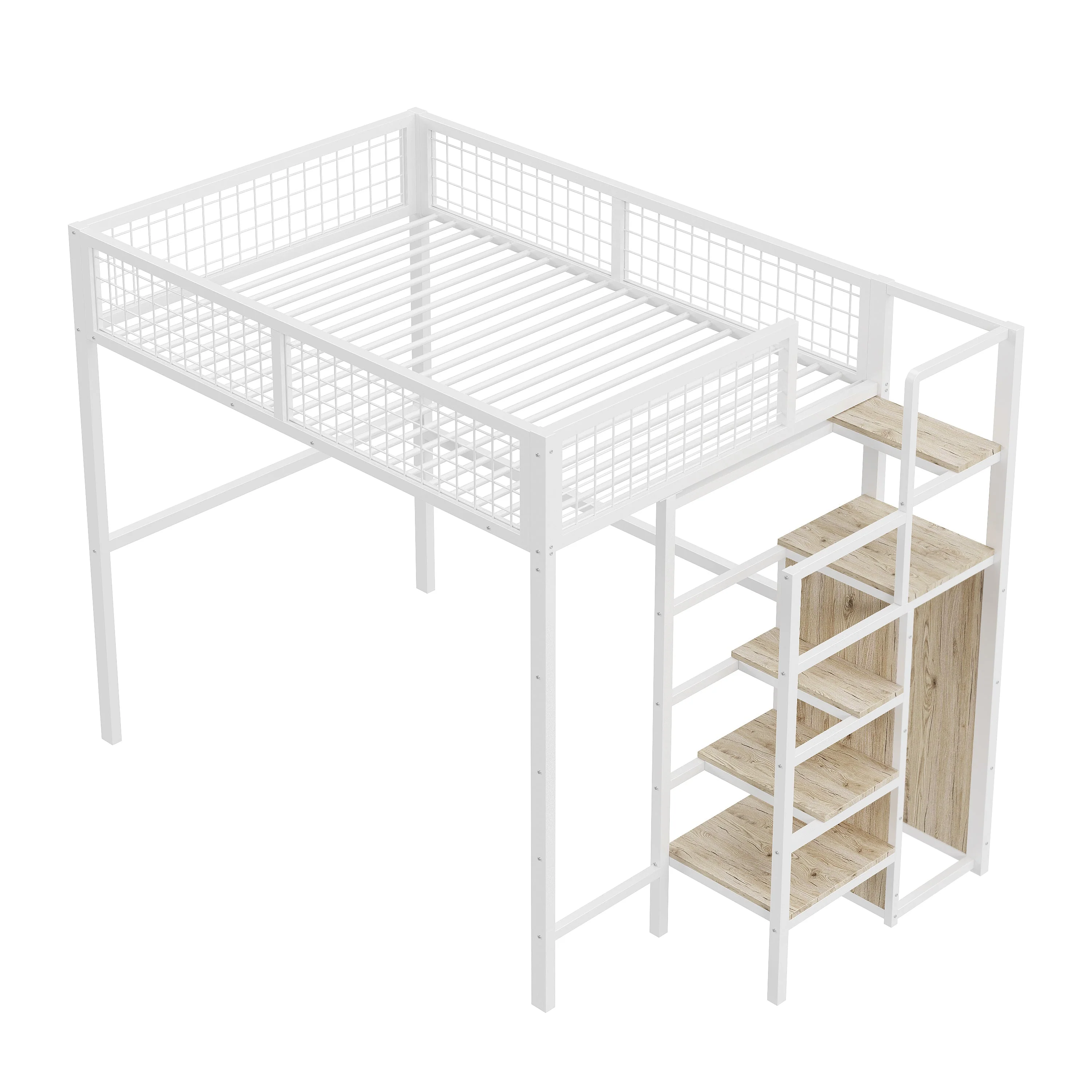 Loft Bed with Integrated Wardrobe and Safety Ladder, Black and White MDF and Metal - Image 10