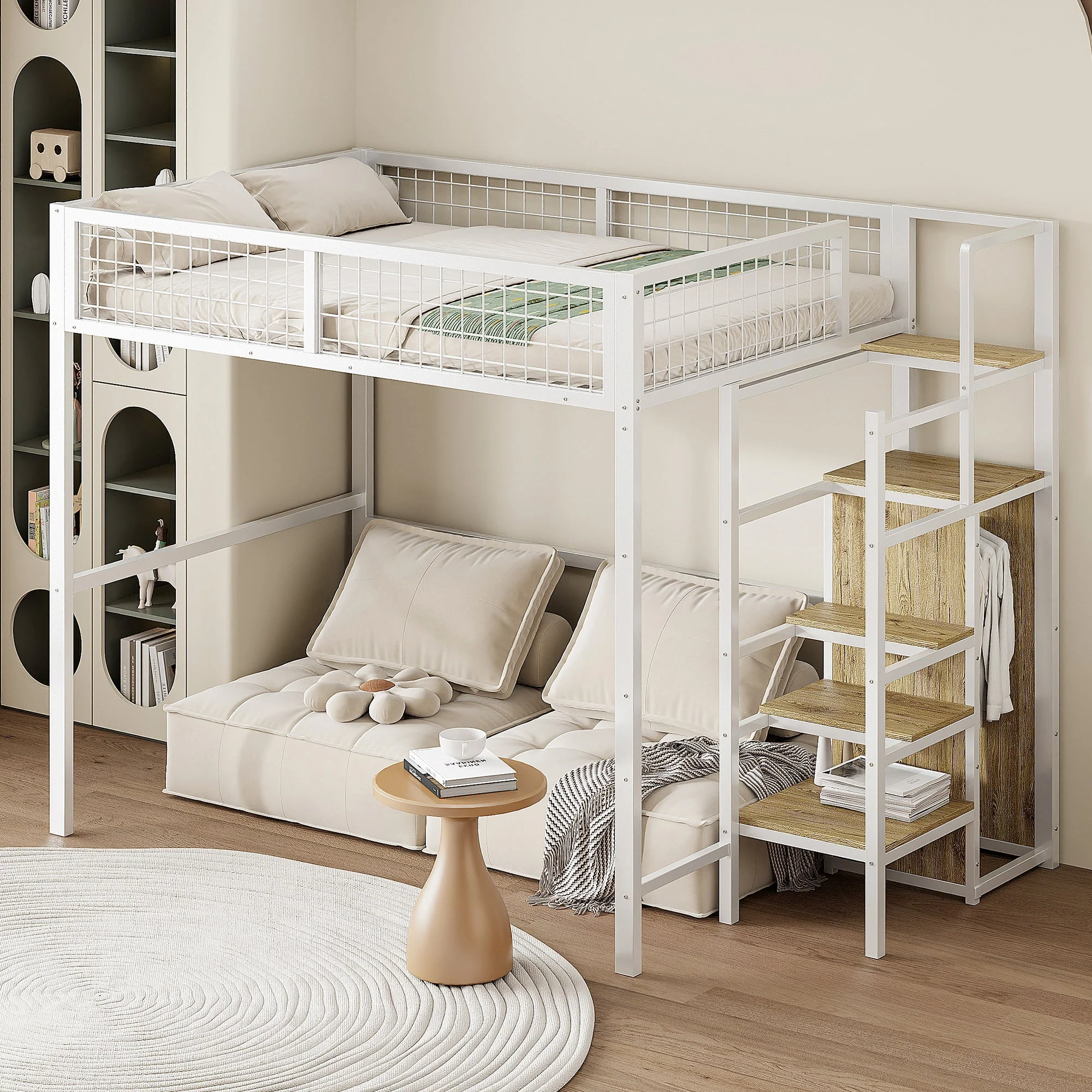 Loft Bed with Integrated Wardrobe and Safety Ladder, Black and White MDF and Metal - Image 2