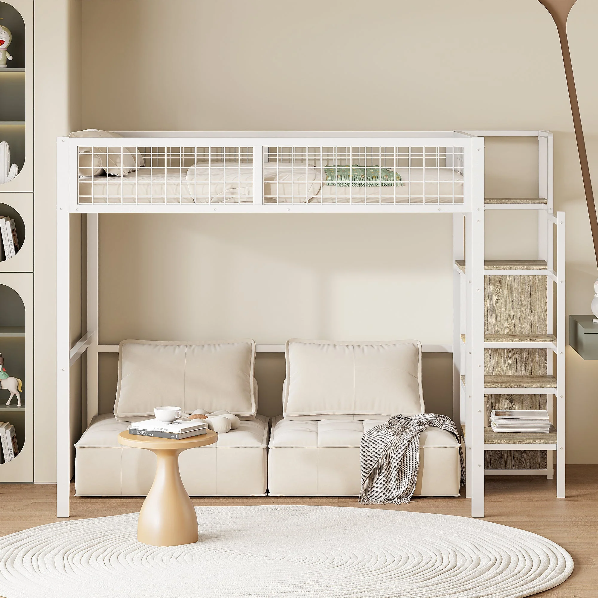Loft Bed with Integrated Wardrobe and Safety Ladder, Black and White MDF and Metal - Image 4