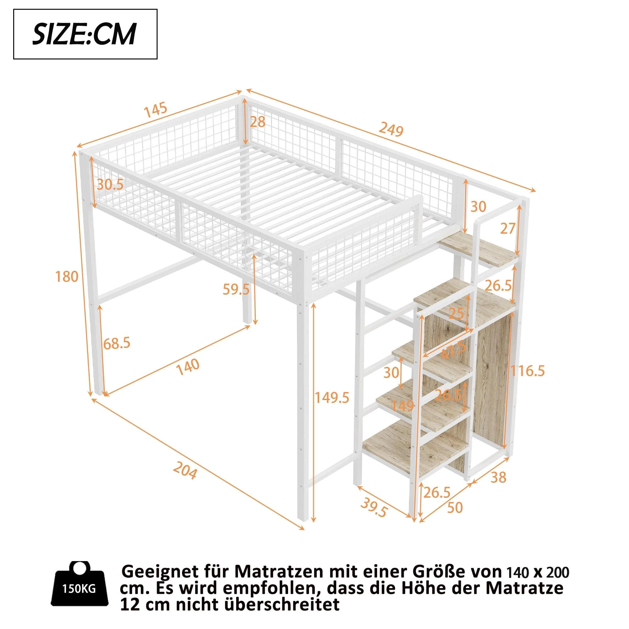 Loft Bed with Integrated Wardrobe and Safety Ladder, Black and White MDF and Metal - Image 5