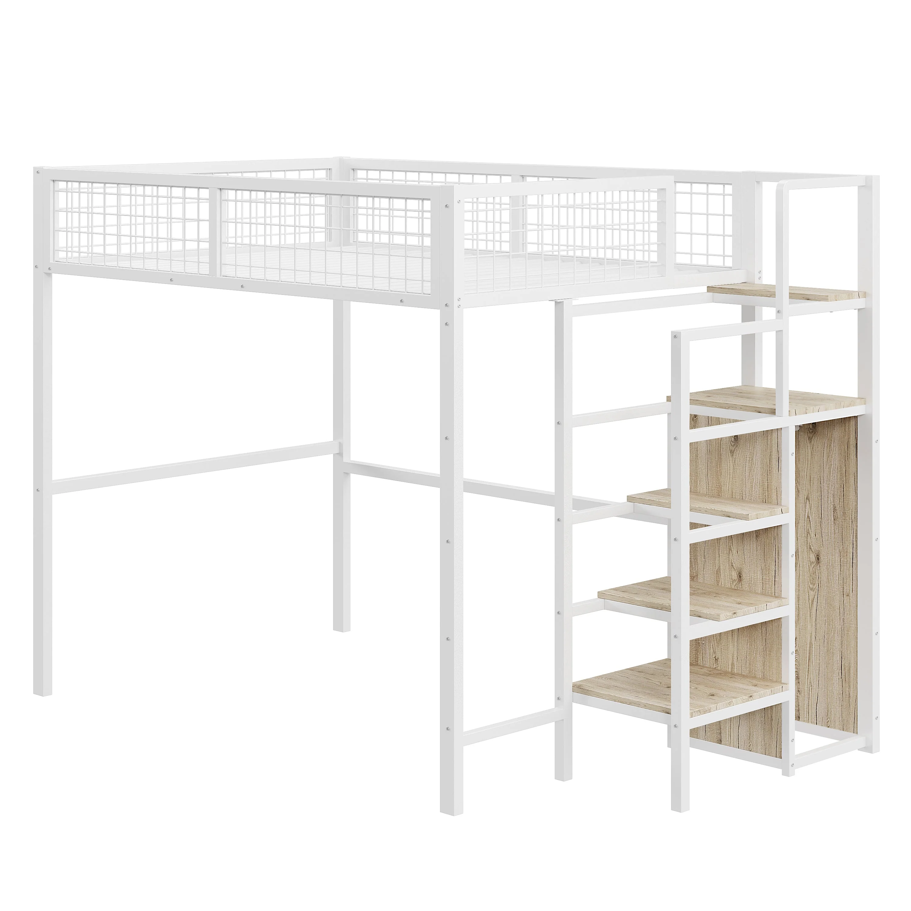 Loft Bed with Integrated Wardrobe and Safety Ladder, Black and White MDF and Metal - Image 6