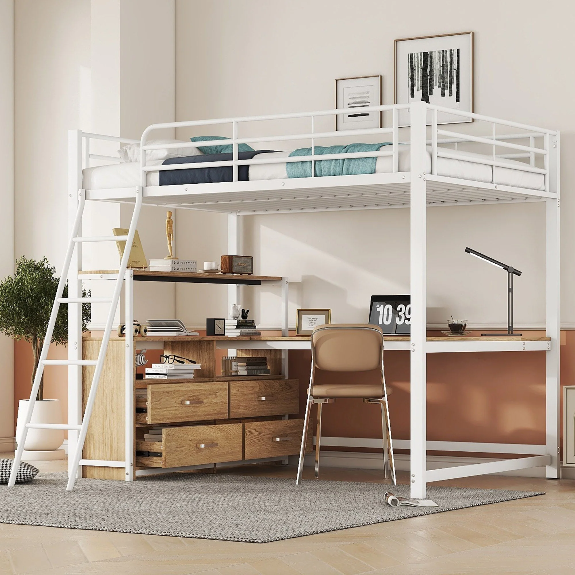 Loft Bed with L-Shaped Desk and Storage Drawers, White Metal Frame - Image 4