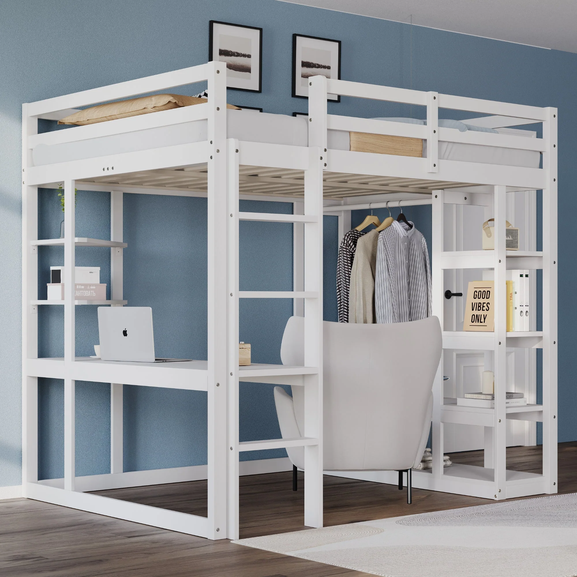 Loft Bed with Ladder, 140x200cm, Table, Shelves, Solid Wood White