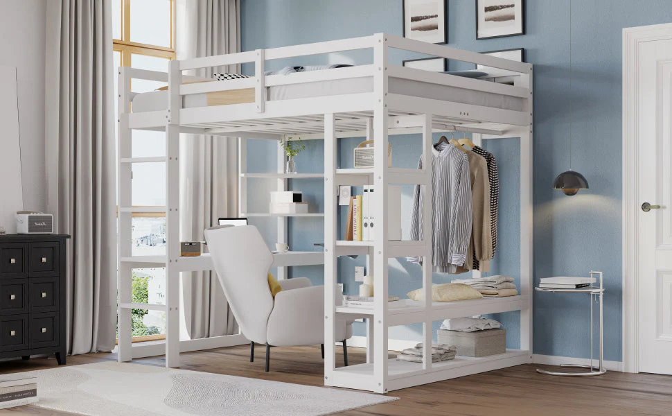 Loft Bed with Ladder, 140x200cm, Table, Shelves, Solid Wood White - Image 5