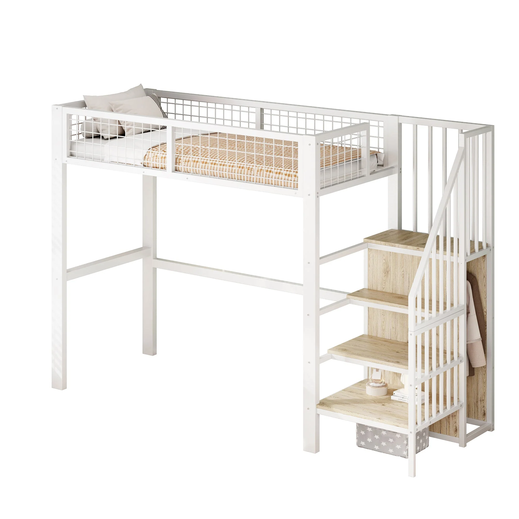 Loft Bed with Ladder, Iron Frame & Storage Shelf, White - Image 5