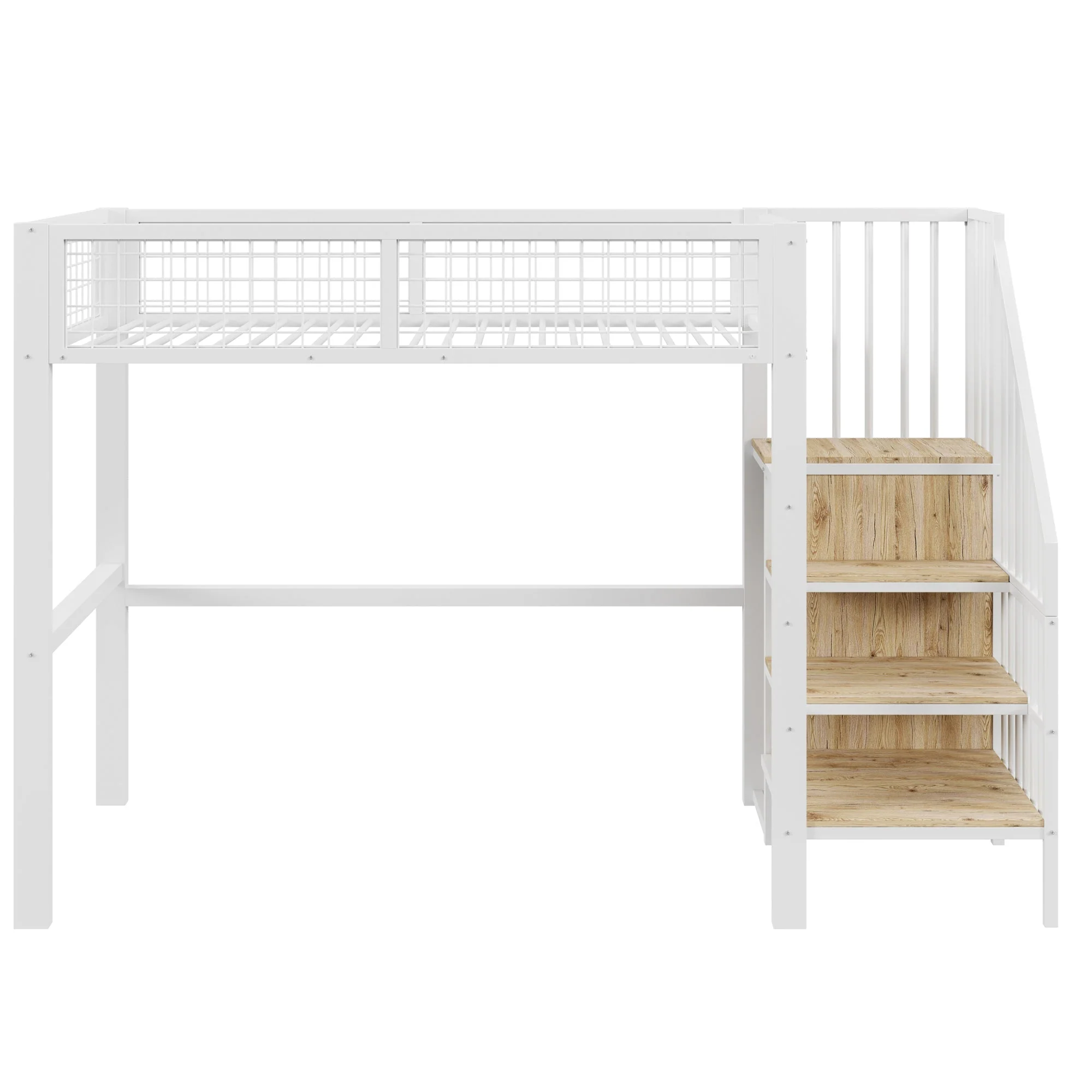 Loft Bed with Ladder, Iron Frame & Storage Shelf, White - Image 6