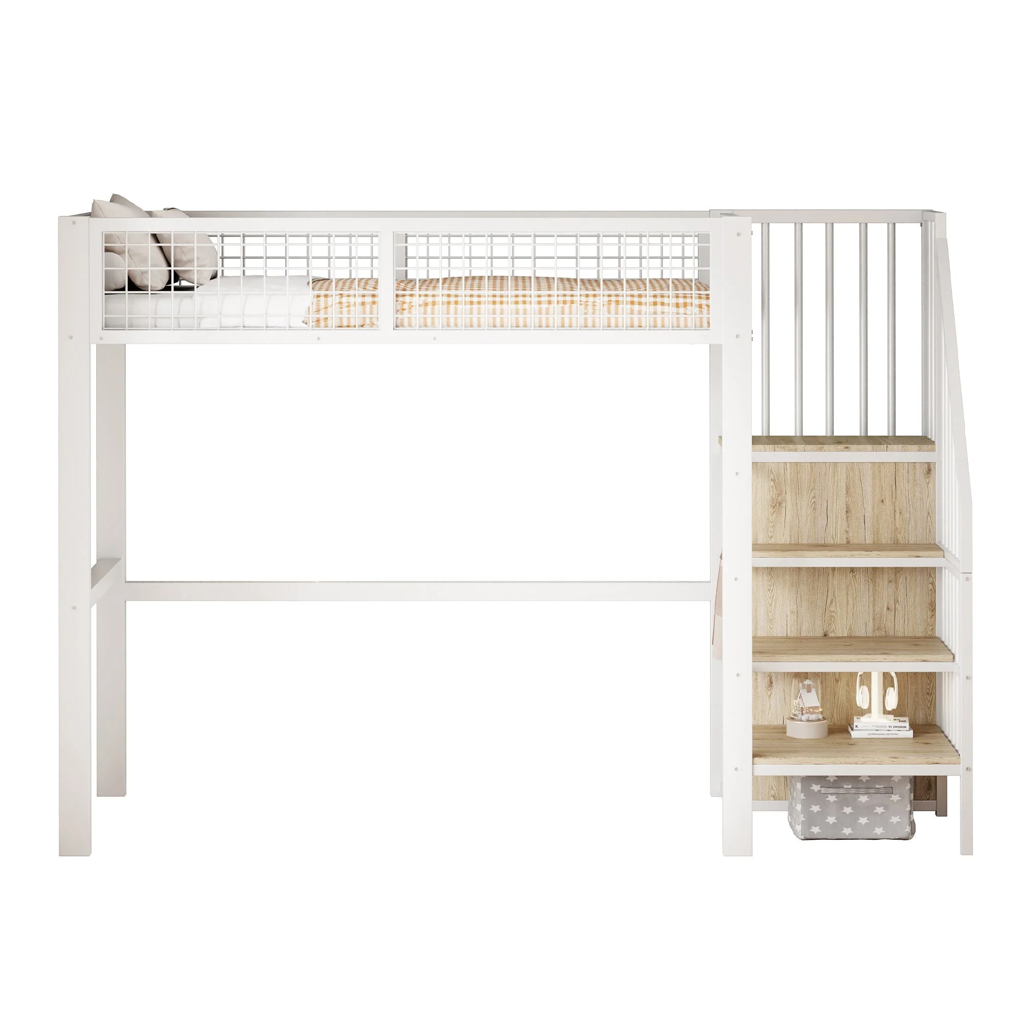 Loft Bed with Ladder, Iron Frame & Storage Shelf, White - Image 7