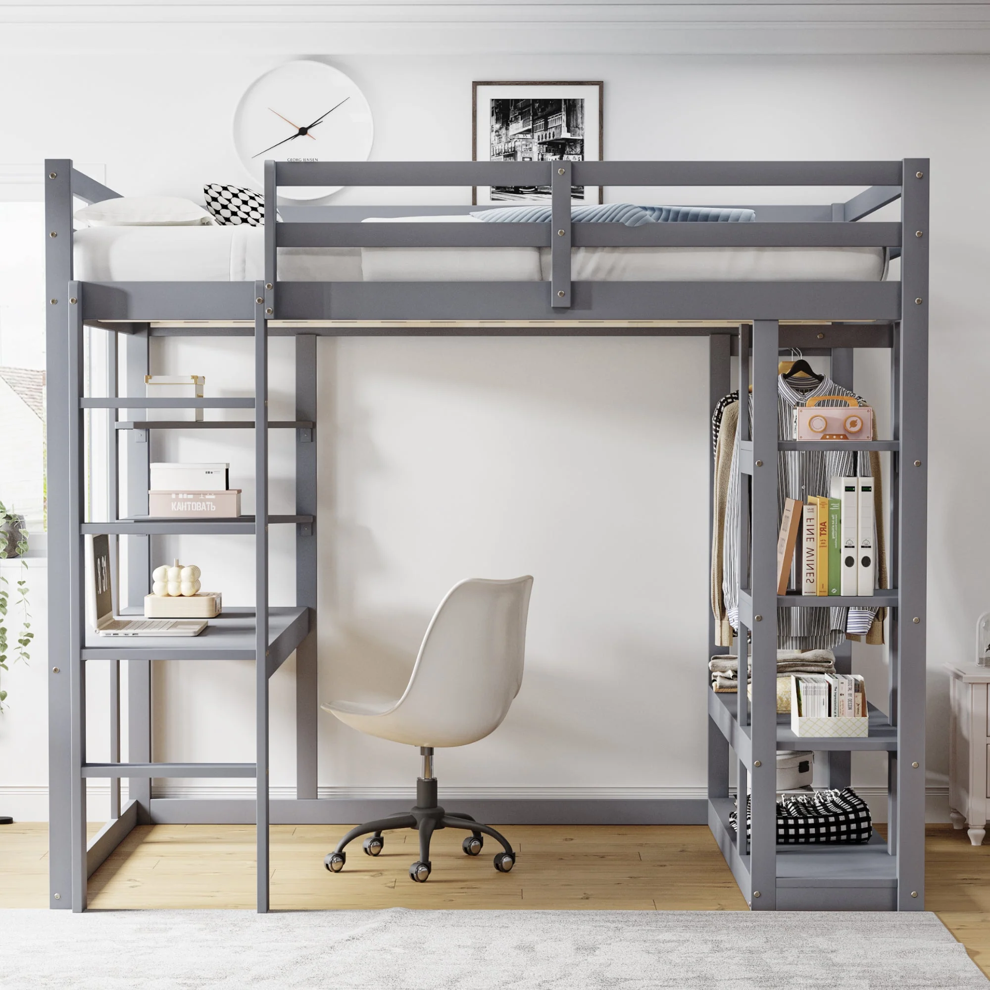Loft Bed with Ladder, Table & Shelves, 140x200 cm, Solid Wood Grey - Image 2