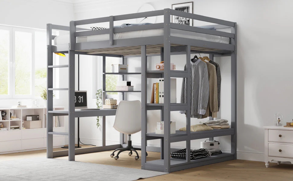 Loft Bed with Ladder, Table & Shelves, 140x200 cm, Solid Wood Grey - Image 5