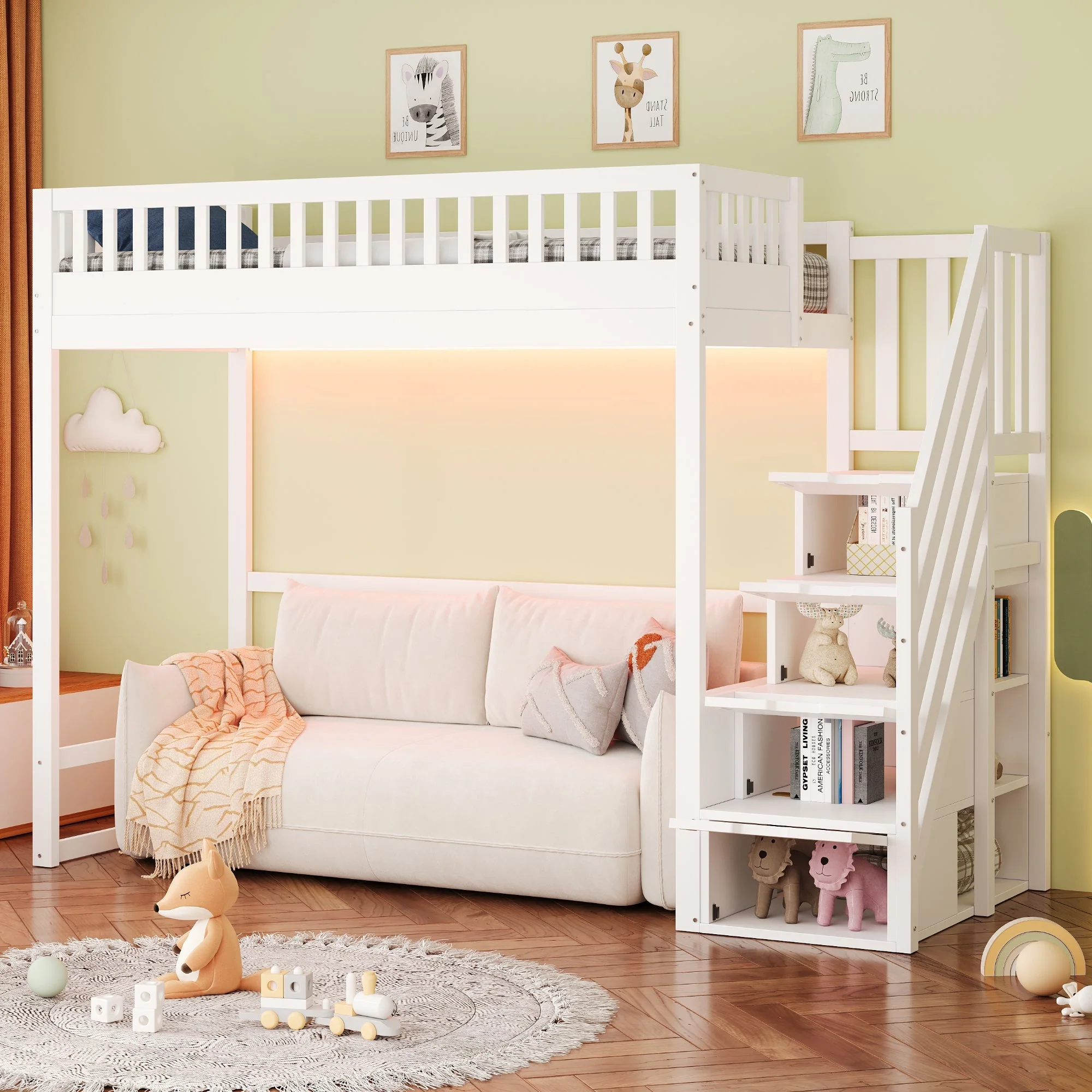Loft Bed with LED Light Strip and Interchangeable Safety Ladders, 90x200cm, White Solid Pine Wood - Image 3