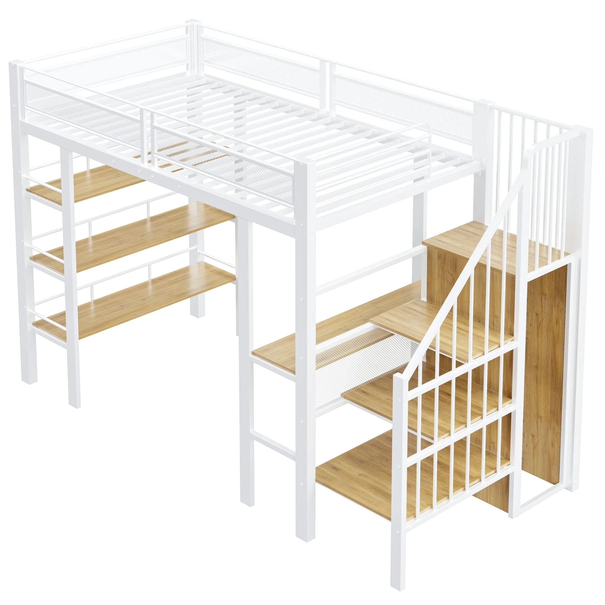 Loft Bed with LED Light Strip, Desk and Storage Shelves, White Metal - Image 10