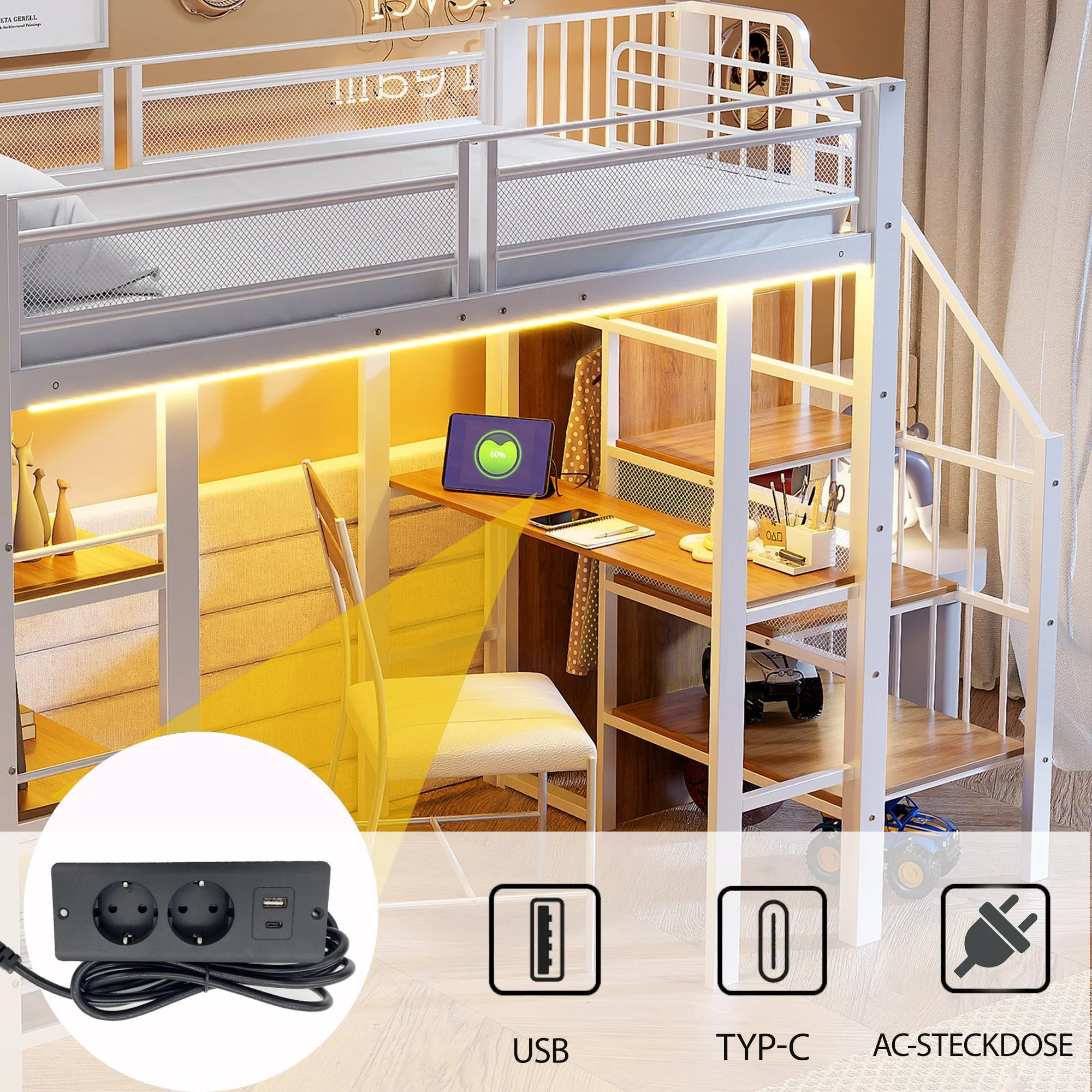 Loft Bed with LED Light Strip, Desk and Storage Shelves, White Metal - Image 4