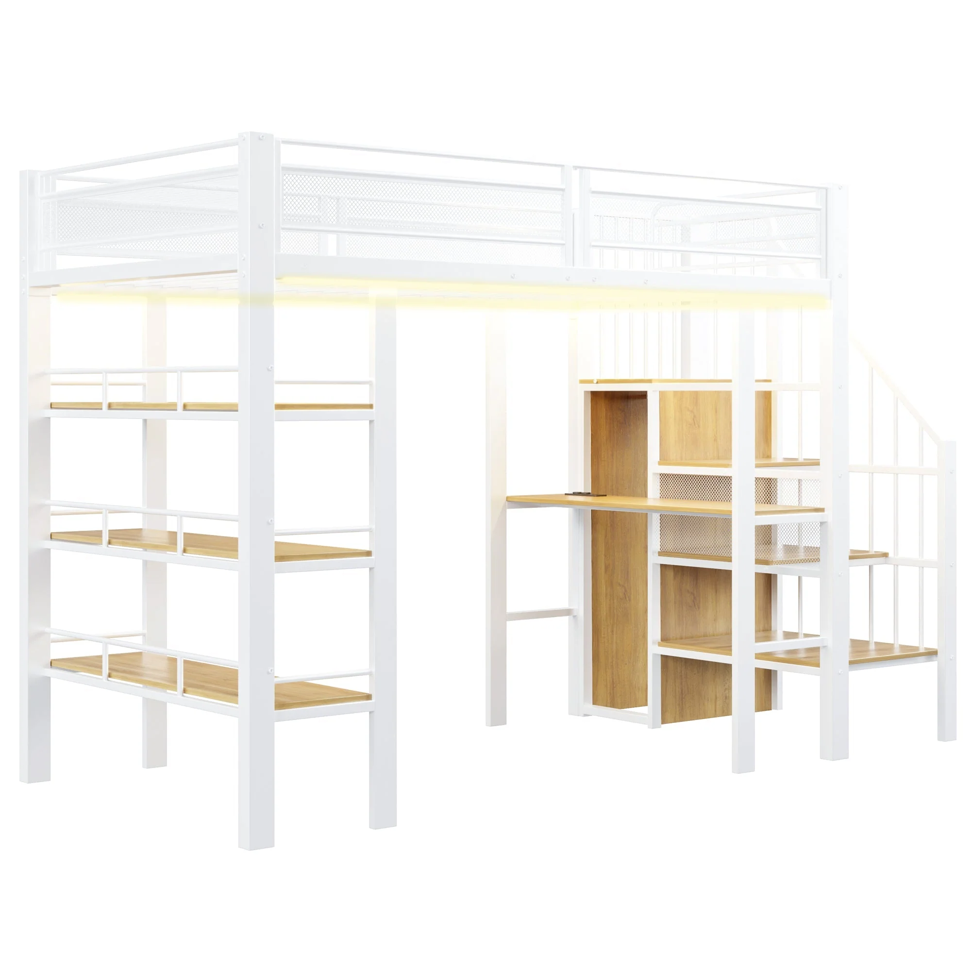 Loft Bed with LED Light Strip, Desk and Storage Shelves, White Metal - Image 9