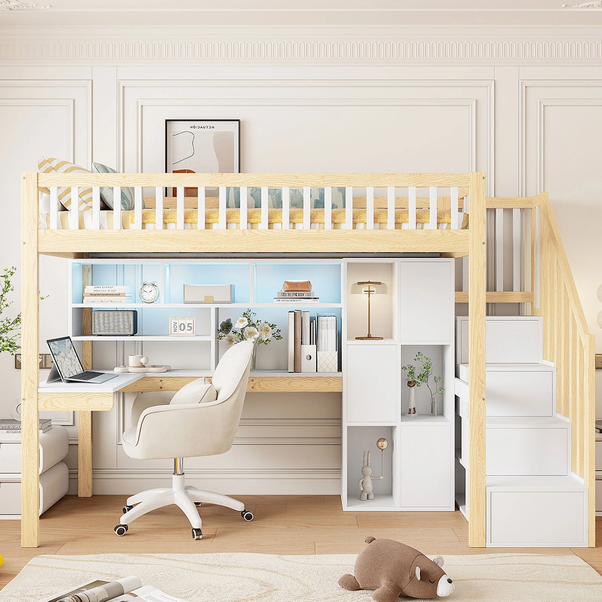 Loft Bed with LED Lights, Desk, Shelves and Storage Ladder, 90x200cm, White and Natural Wood - Image 4