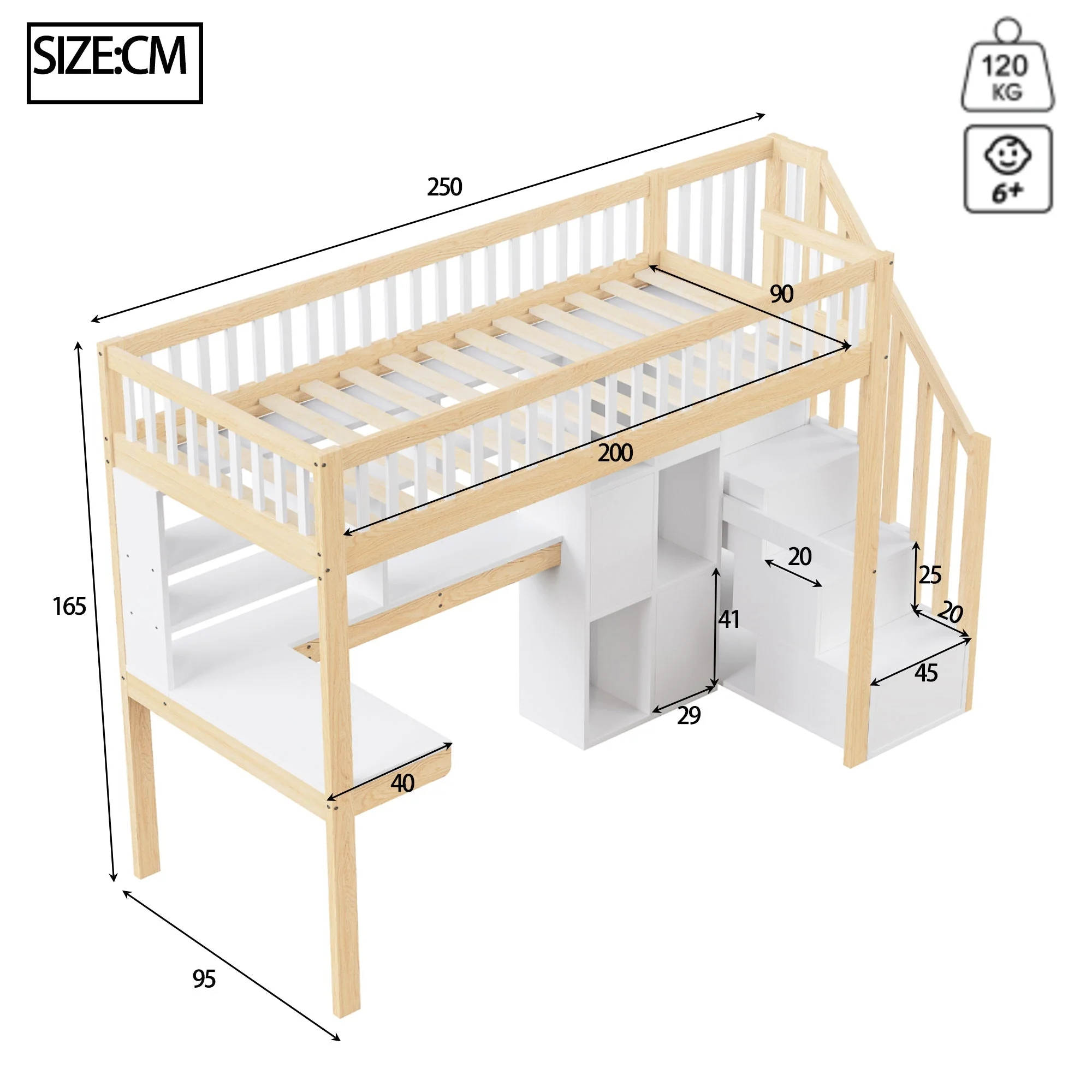 Loft Bed with LED Lights, Desk, Shelves and Storage Ladder, 90x200cm, White and Natural Wood - Image 5