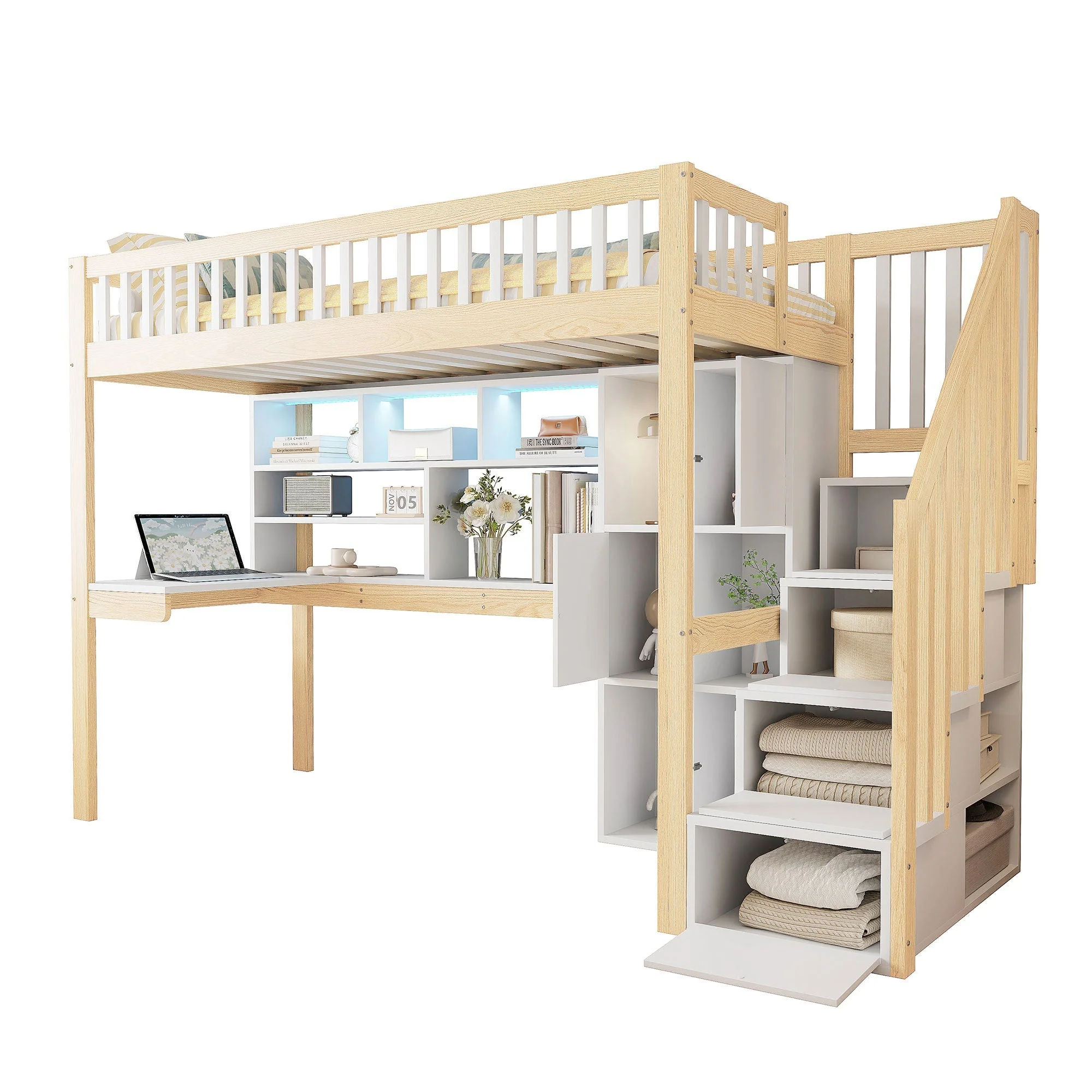 Loft Bed with LED Lights, Desk, Shelves and Storage Ladder, 90x200cm, White and Natural Wood - Image 6